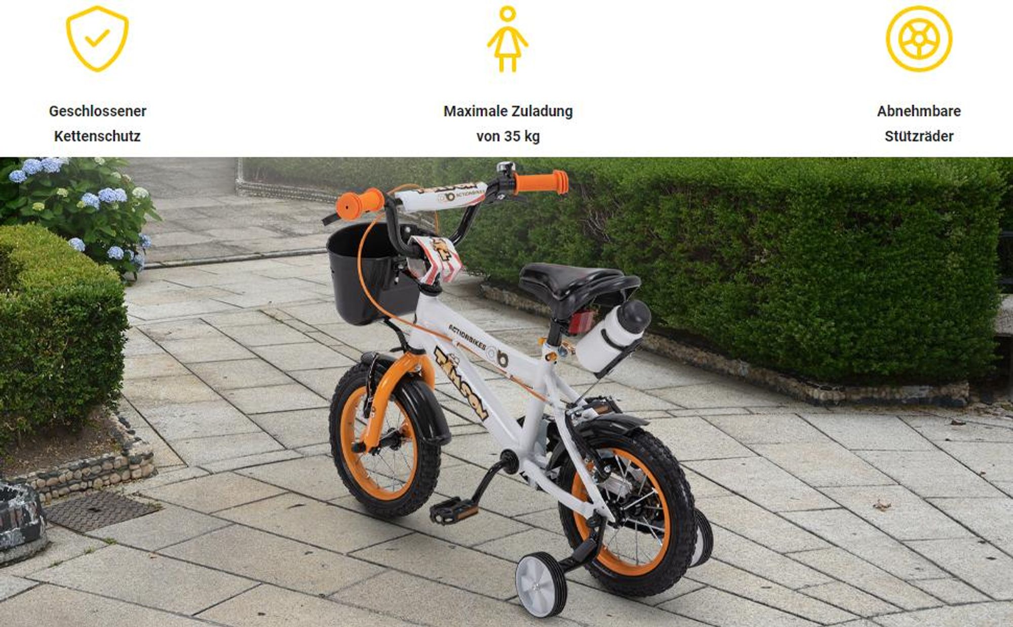 Actionbikes Kinderfahrrad Timson 12 Zoll | Kinder Fahrrad - Mädchen Rad - Jungen Bike - Kinderrad - V-Brake Bremsen - Korb - Stützräder - 2-5 Jahre