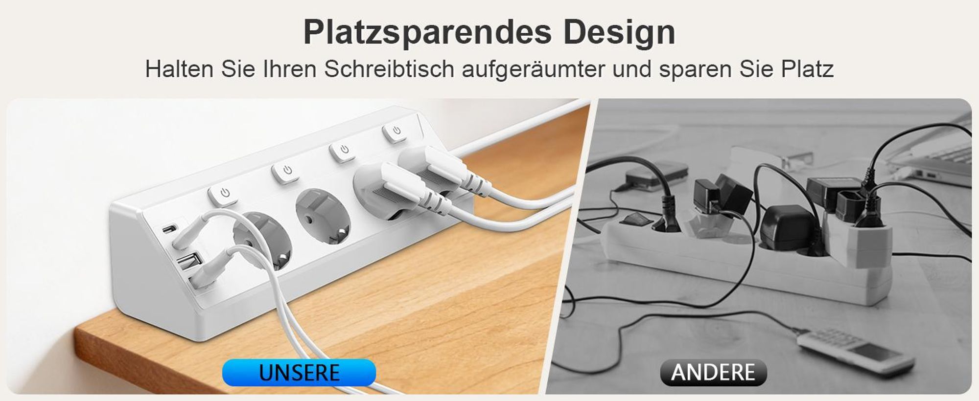 Steckdosenleiste, Steckdosenblock, Ecksteckdose, Mehrfachsteckdose, 4-fach Rund Mehrfachstecker, 4 USB (2 USB C), 2M Verlängerungskabel