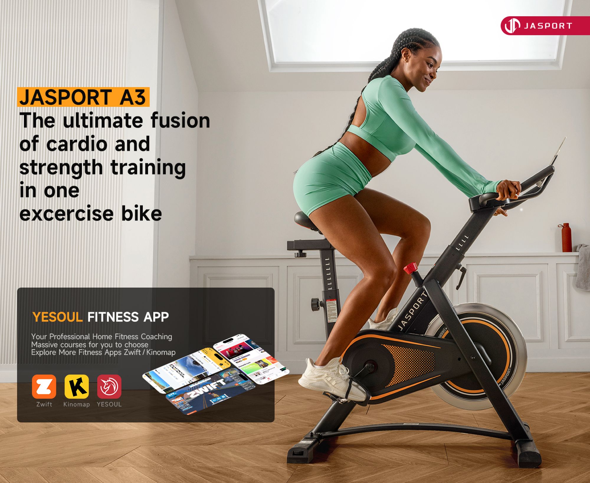 JASPORT A3 ergometer - tichý vnútorný bicykel na vytrvalostný tréning s držiakom na tablet a pohodlným sedadlom, ideálny na tréning v domácnosti