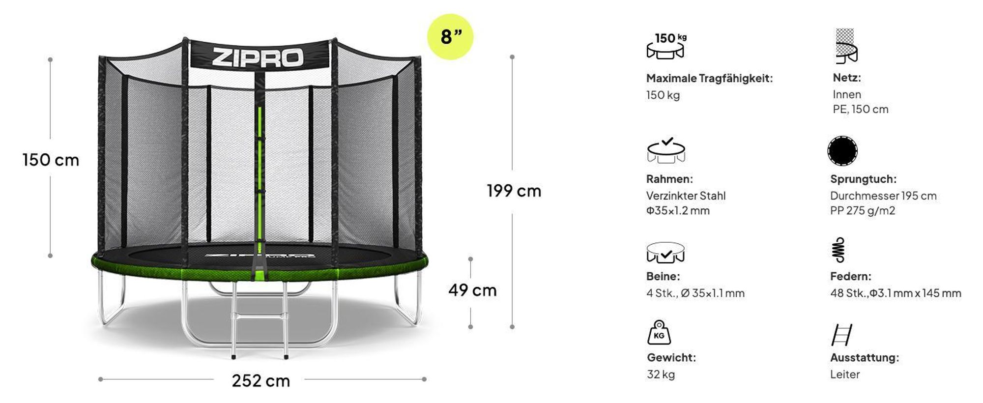 ZIPRO Trampolin Jump Pro Out | 8FT Ø 252 cm | Gartentrampolin Kindertrampolin Komplett-Set inkl. Außennetz, Leiter & Randabdeckung, Outdoor, Grün