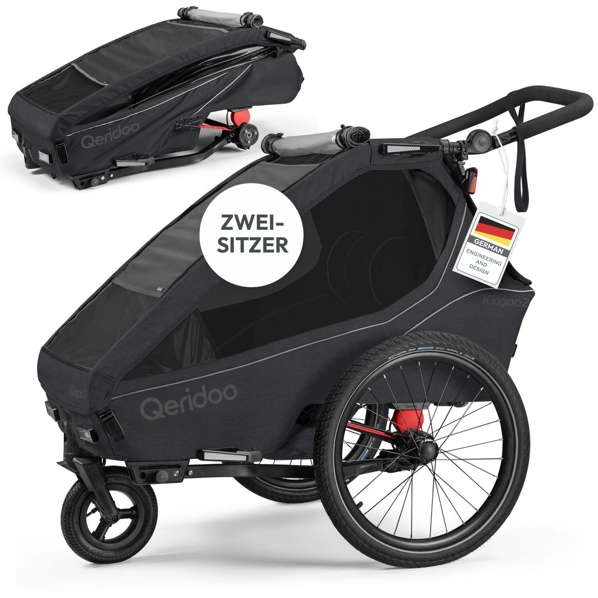 Qeridoo Kidgoo 2 - Kinderfahrradanhänger für 2 Kinder, Farbe: Phantom Grey