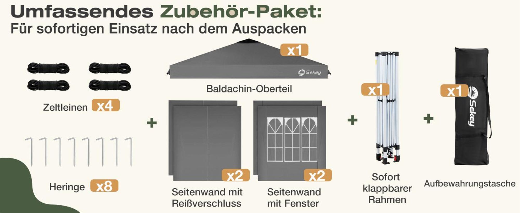 Sekey Faltpavillon 3x3 m Pop Up Gartenpavillon wasserdicht winterfest inkl 4 Seitenteilen Partyzelt für Garten Terrasse, Grau