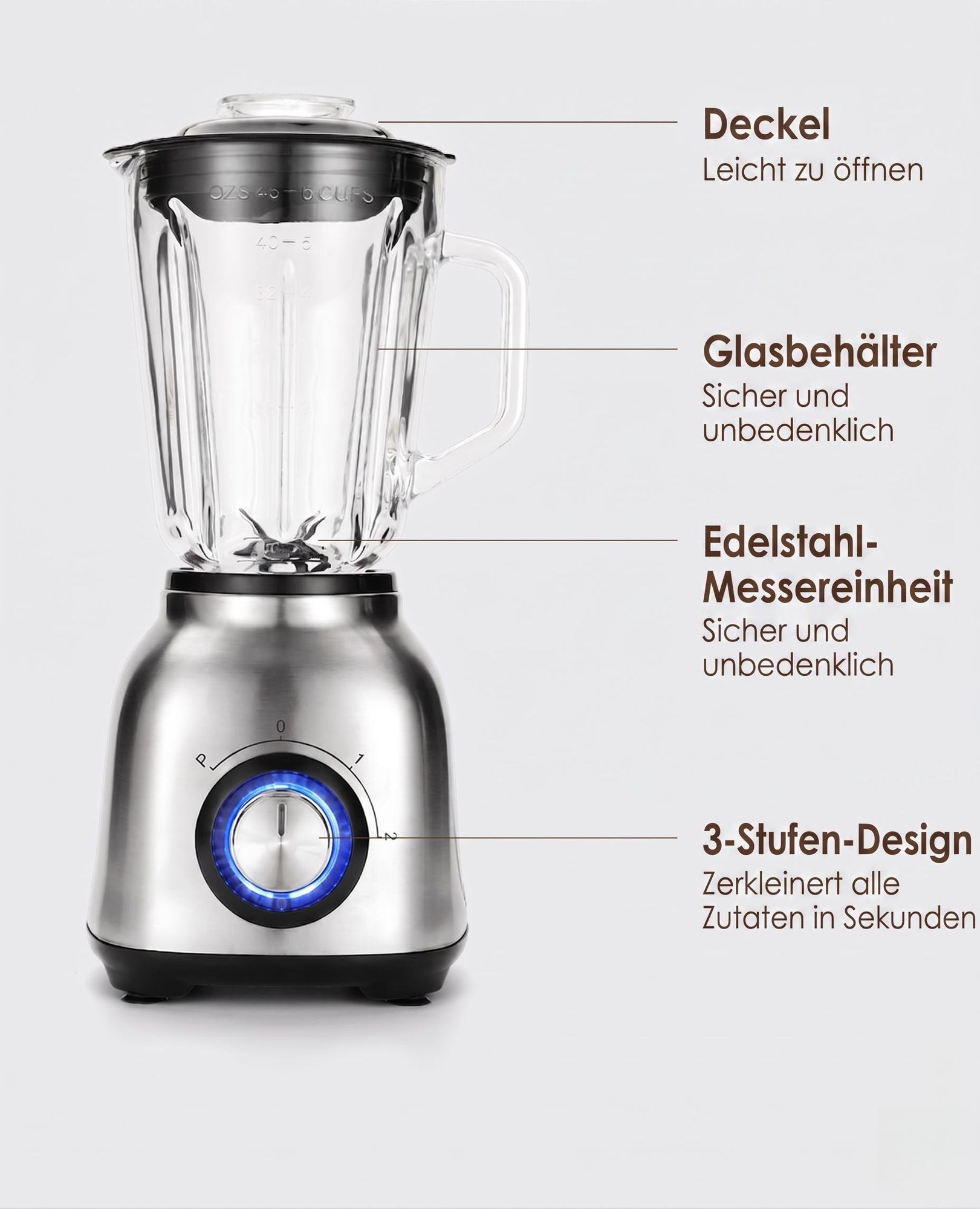 Multifunktionale Küchenmaschine 3-in-1 Standmixer, 1200ML Hochwertiger Glasbehälter, 1200W, Edelstahlklingen, mit Pulsfunktion