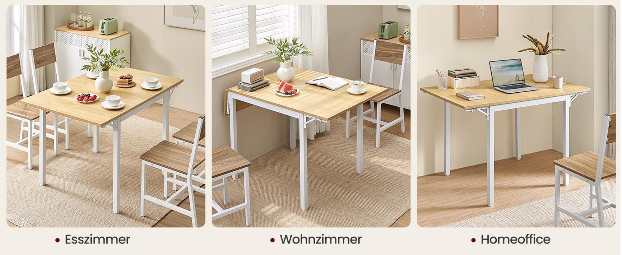 VASAGLE Esstisch, klappbarer Küchentisch für 2-4 Personen, für kleine Räume, Weiß