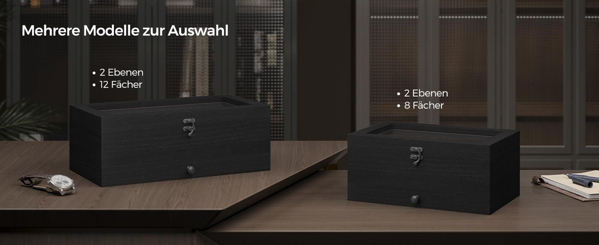 SONGMICS Uhrenbox Uhrenkasten, mit 8 Fächern, aus Massivholz, Glasdeckel