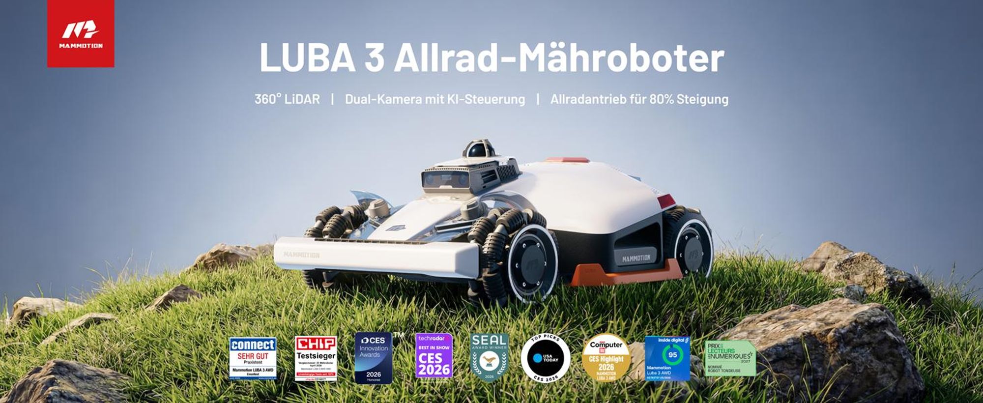 Mähroboter Mammotion LUBA 3 AWD 3000 mit Garage, ohne Kabel, für bis zu 3000 m², 360° LiDAR+NetRTK+KI Vision, 80% Steigung, Auto-Kartierung, 4G, APP