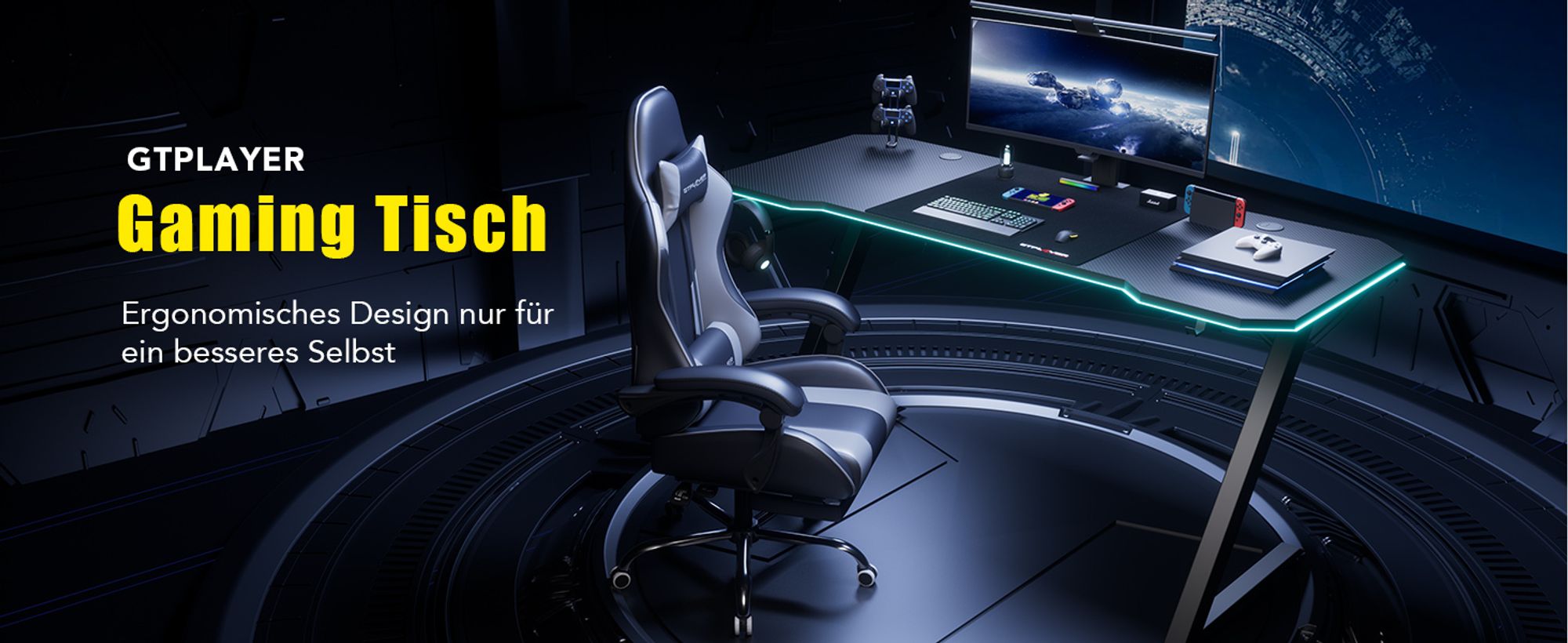 GTPLAYER 120 x 60cm Gaming Tisch, Gaming Schreibtisch mit Mauspad, PC Tisch Gamer Tisch Computertisch mit Kopfhörerhaken Schwarz