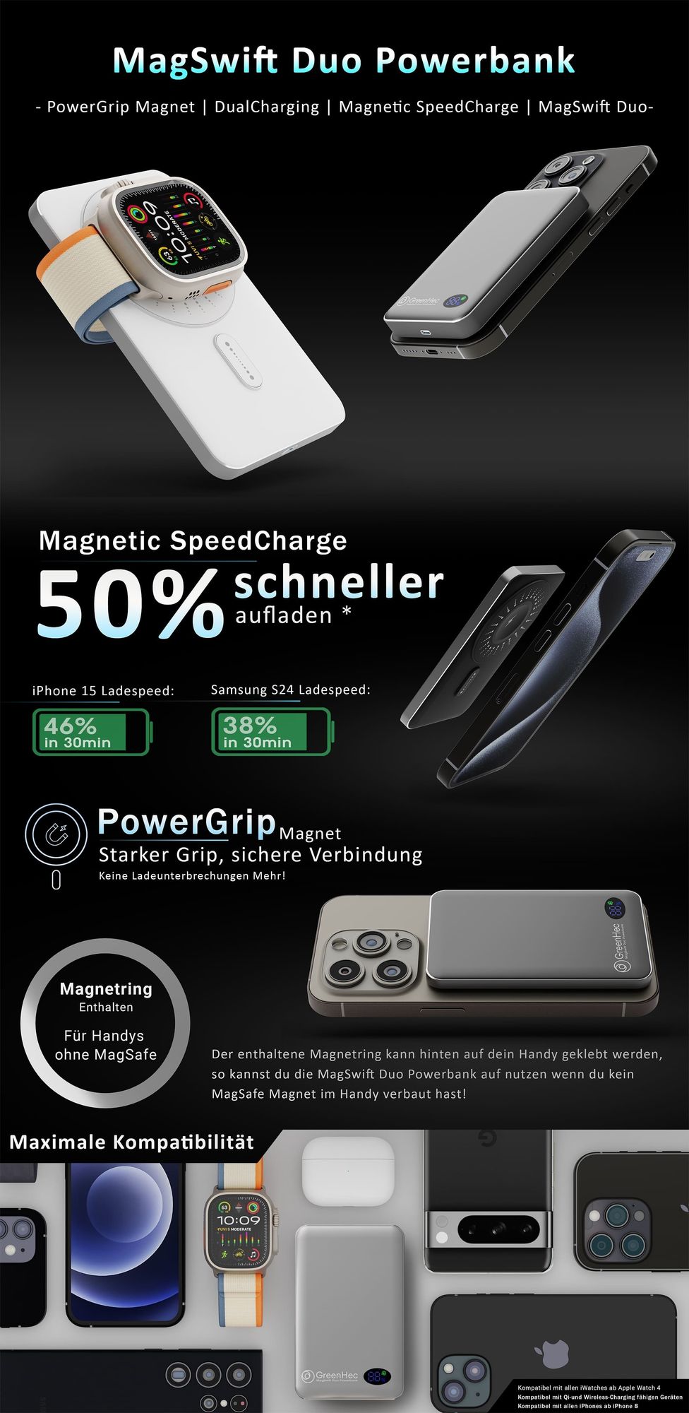 Magsafe Powerbank iPhone 16 15 14 13 12 11 Pro Max Magnetische wireless induktives magnet battery pack kabellos Samsung Slim - Akku: 10000mAh Silver