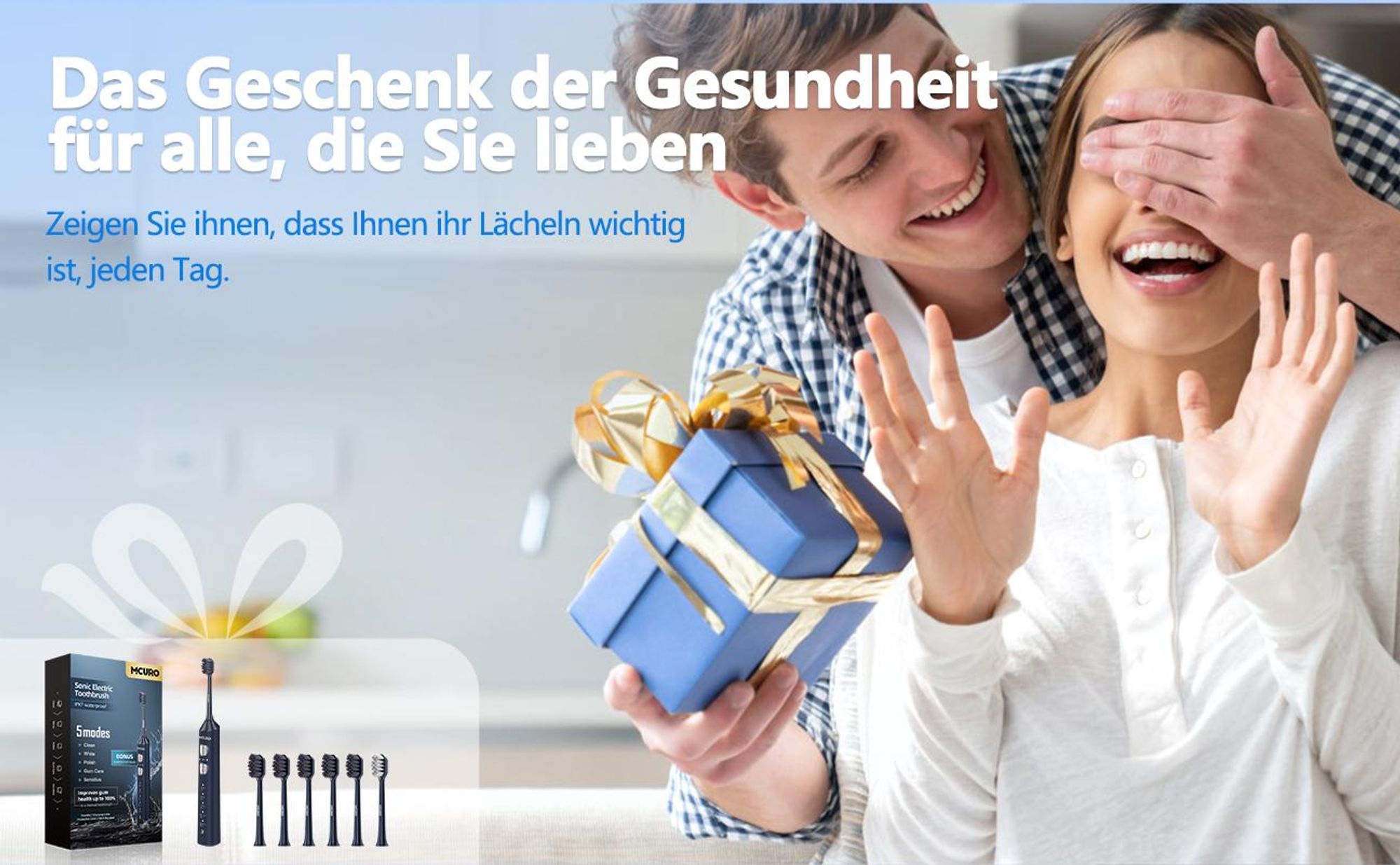 MCURO Elektrische Schallzahnbürste, wiederaufladbar, 10 Std. Ladezeit für bis zu 180 Tage Nutzung, 5 Putzmodi, Timer, 6 Bürstenköpfe, Dunkelblau