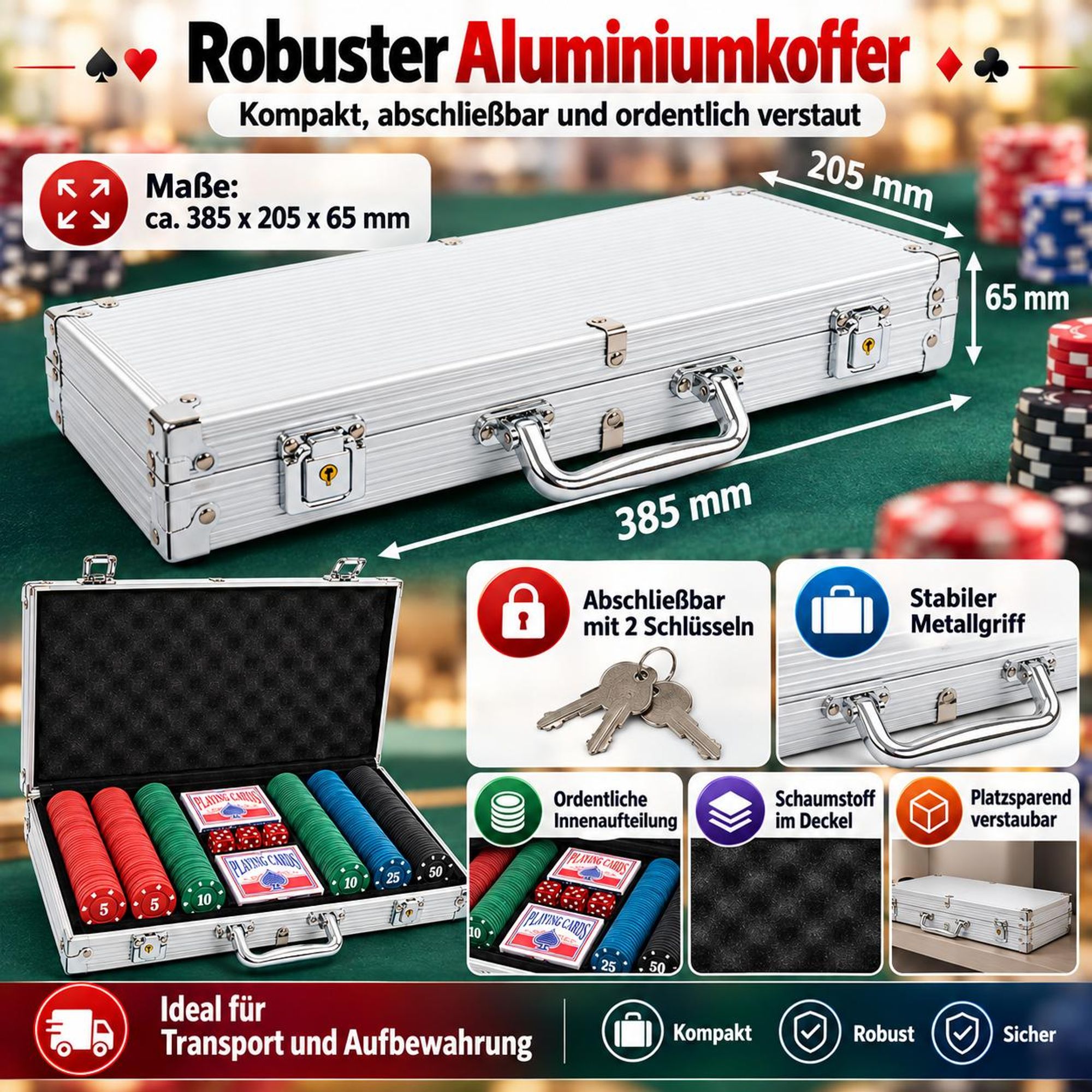 Poker Set 300 Chips mit Koffer – Komplett Pokerkoffer mit Karten & Würfeln
