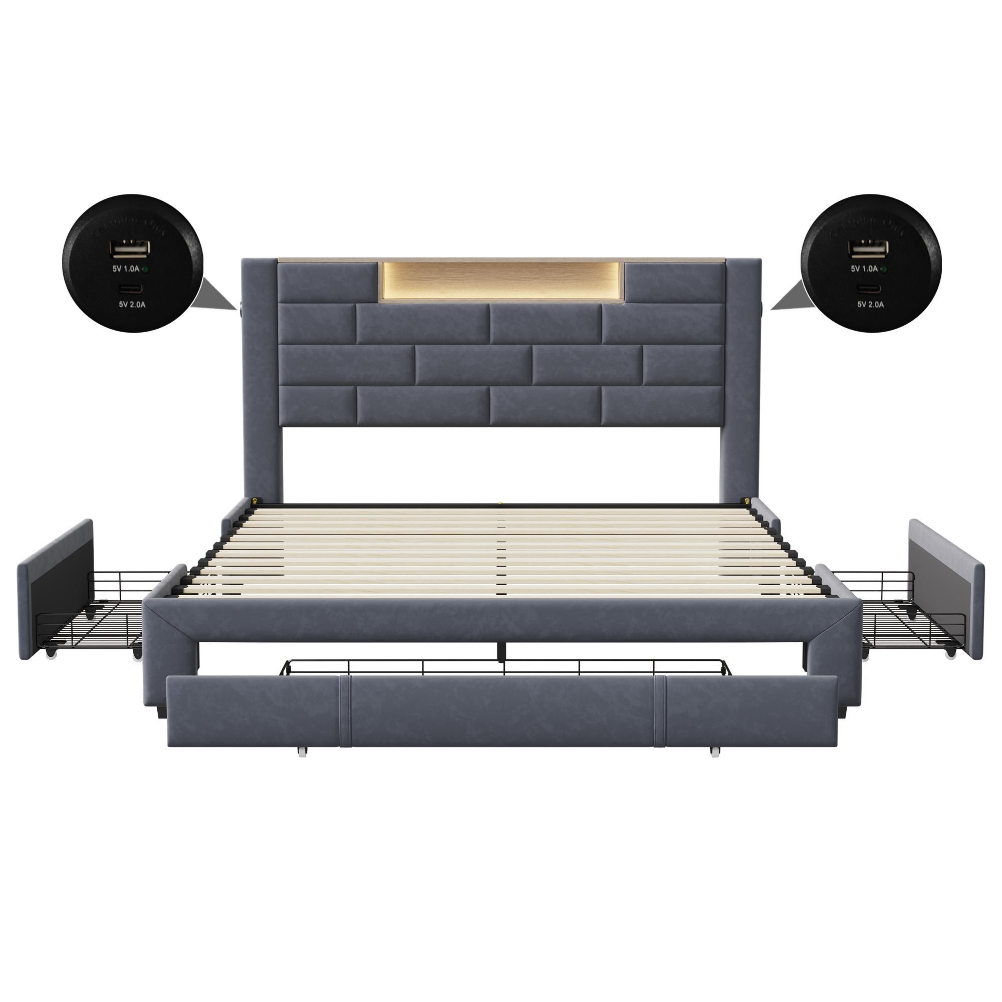 Fortuna Lai Polsterbett 140x200 cm mit 3 Schubladen, Kopfteil mit Stauraum, Doppelbett Jugendbett LED & USB, Samt, Grau