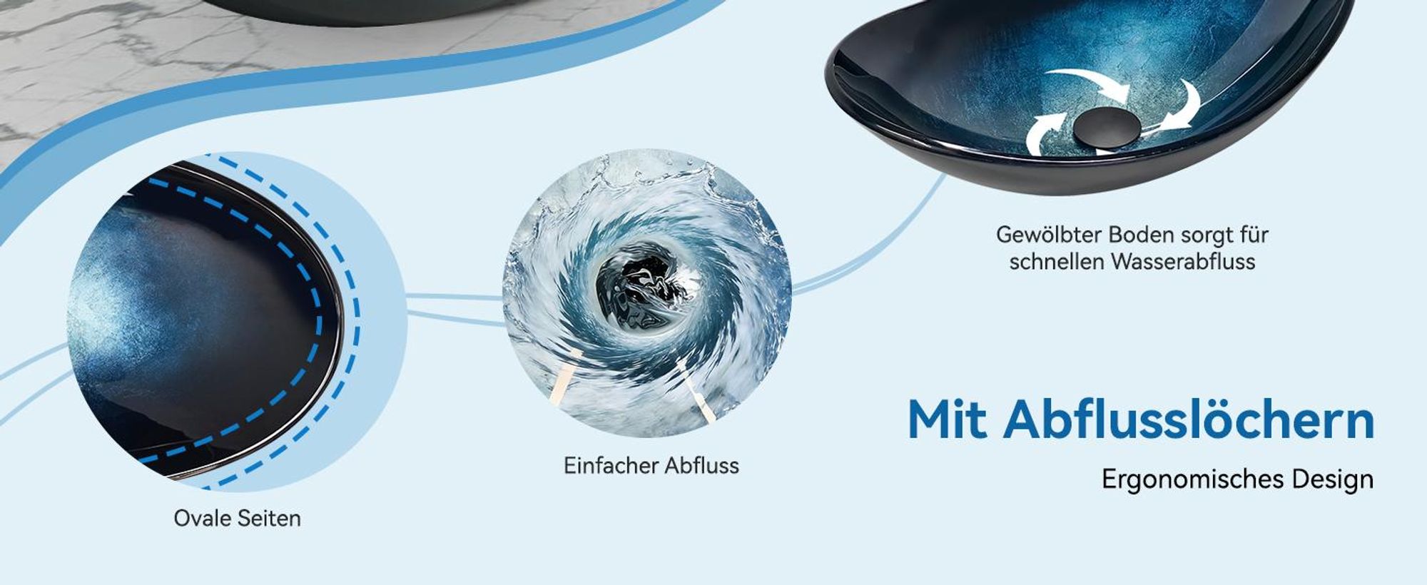 Puluomis Waschbecken Glas Aufsatzwaschbecken Waschschale Oval mit Wasserhahn Ablaufgarnitur Schwarz dunkelblau