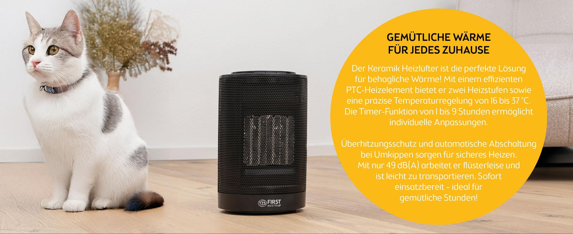 TZS First Austria Heizlüfter energiesparend | Kleiner & leiser Heizstrahler mit Keramik Heizelement | Heizgerät mit Oszillation | Elektroheizung 600-1200 Watt, Timer, Thermostat, Umkippschutz, schwarz