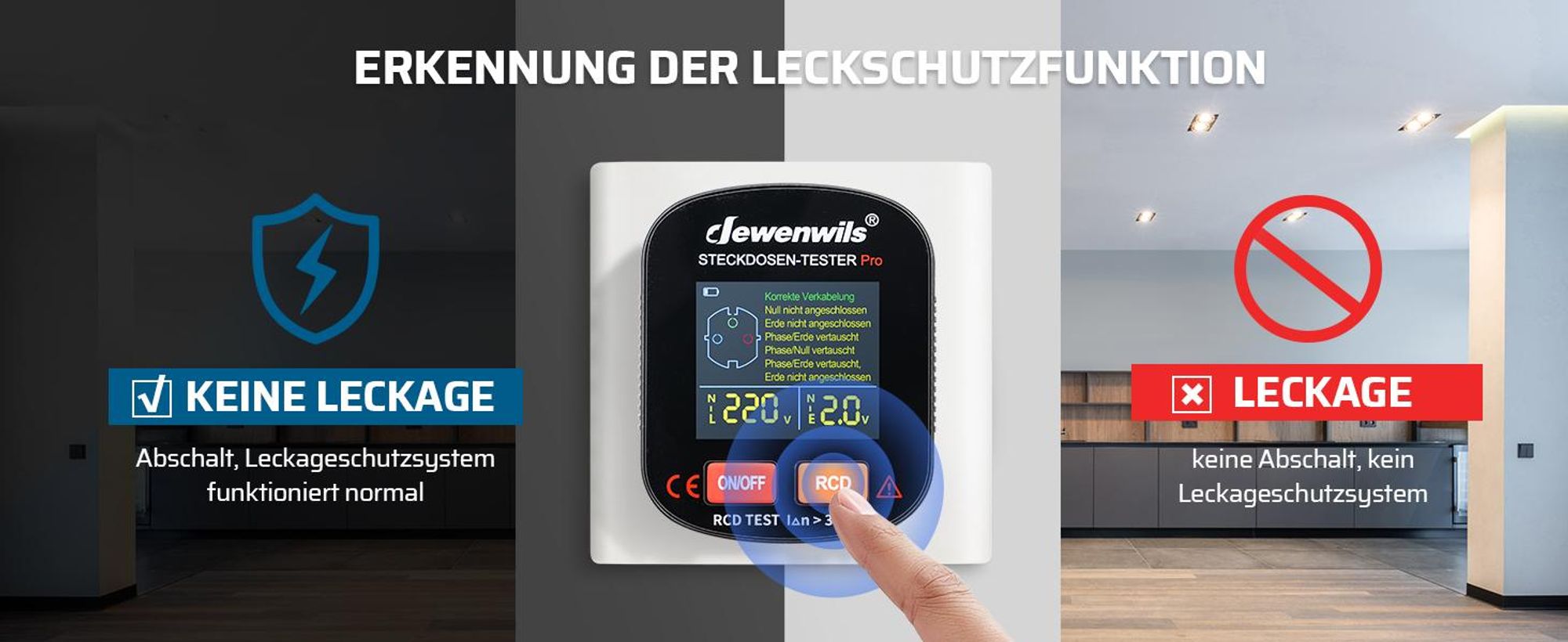 DEWENWILS Strommessgeräte, Steckdosentester mit RCD-Prüfung, Stromprüfer, FI Test