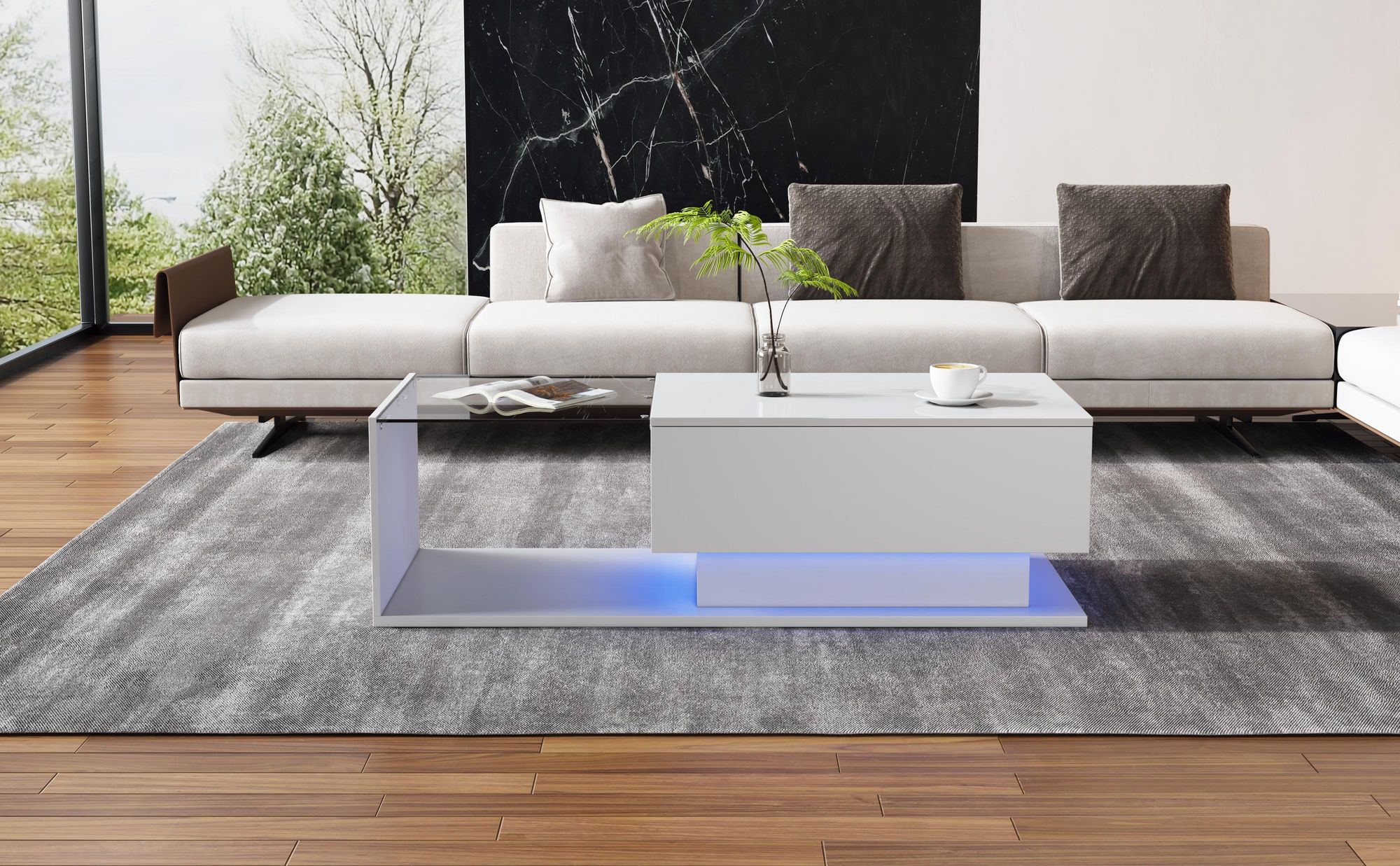 STILVORA Couchtisch mit Glasplatte und LED-Beleuchtung, Wohnzimmertisch mit 1 Schublade, Sofatisch mit kratzfester Oberfläche, Hochglanz-Weiß