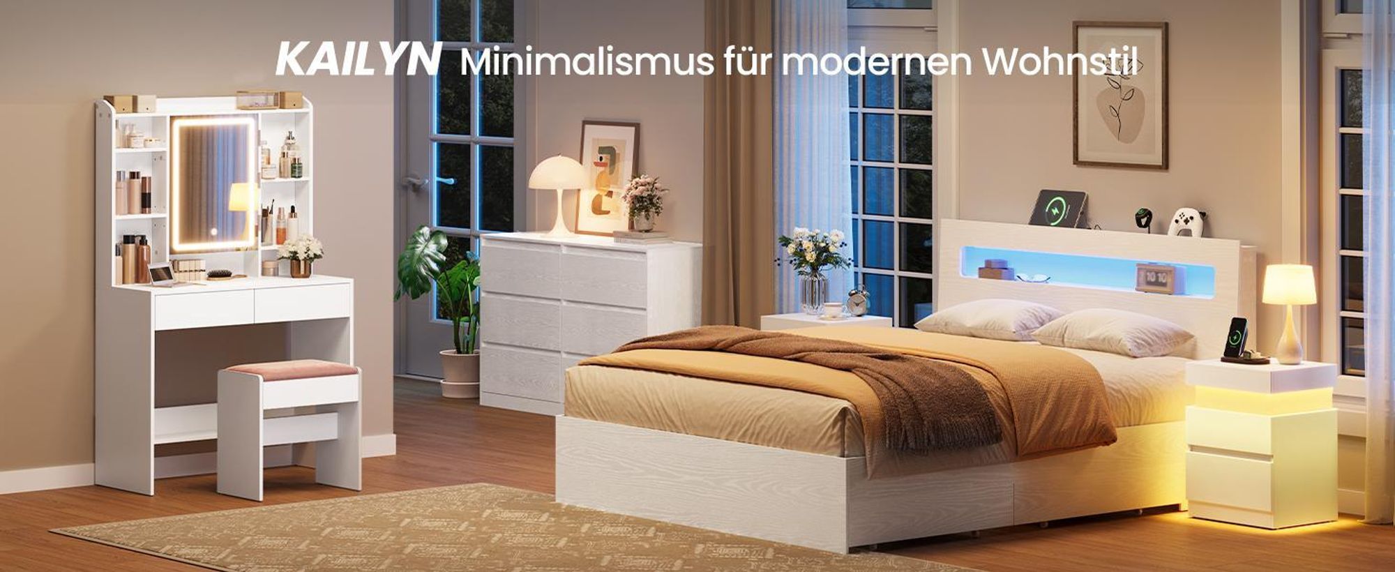 VASAGLE Beistelltisch mit Ladestation, 2er Set, Nachttisch mit Beleuchtung, Steckdosen, Geheimfach, Schubladen, modern, weiß
