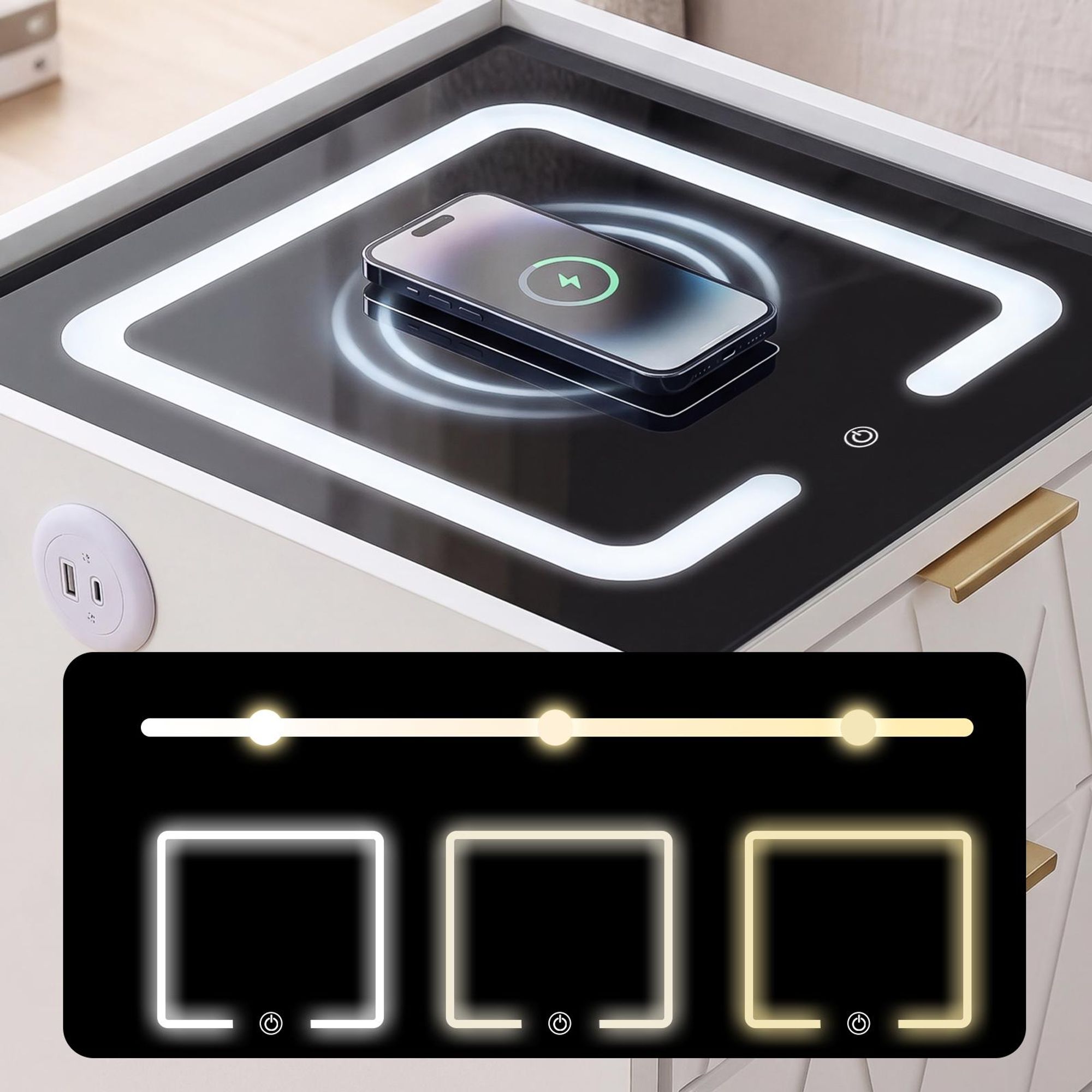 OYAJIA Nachttisch Nachttisch mit LED-Beleuchtung, Beistelltisch mit 15W Kabelloses Laden mit USB + Type-C, Beistelltisch 3 Schubladen, modern