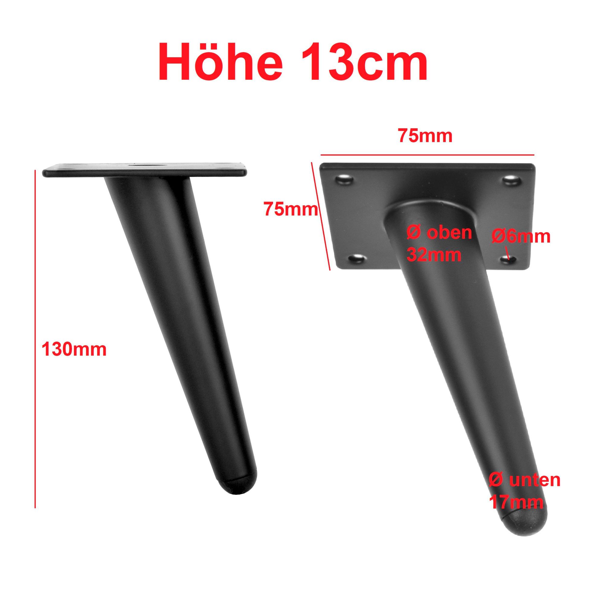 4er Set Möbelfüße Schräg 13 cm Schwarz Matt – Metall Schrankfüße geneigt – Stabile Stahlbeine inkl. Bodenschoner
