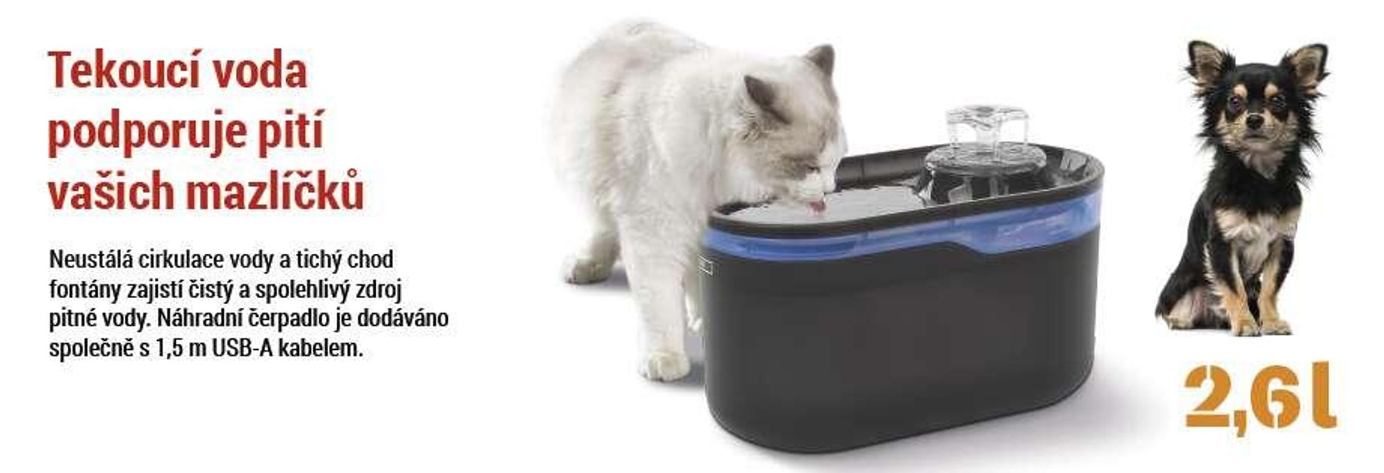 Náhradní čerpadlo EMOS pro kočičí fontánu vč. nabíjecího kabelu a pěnového filtru, vodní čerpadlo Pet Care vhodné pro fontánu EMOS H6101, bílá barva