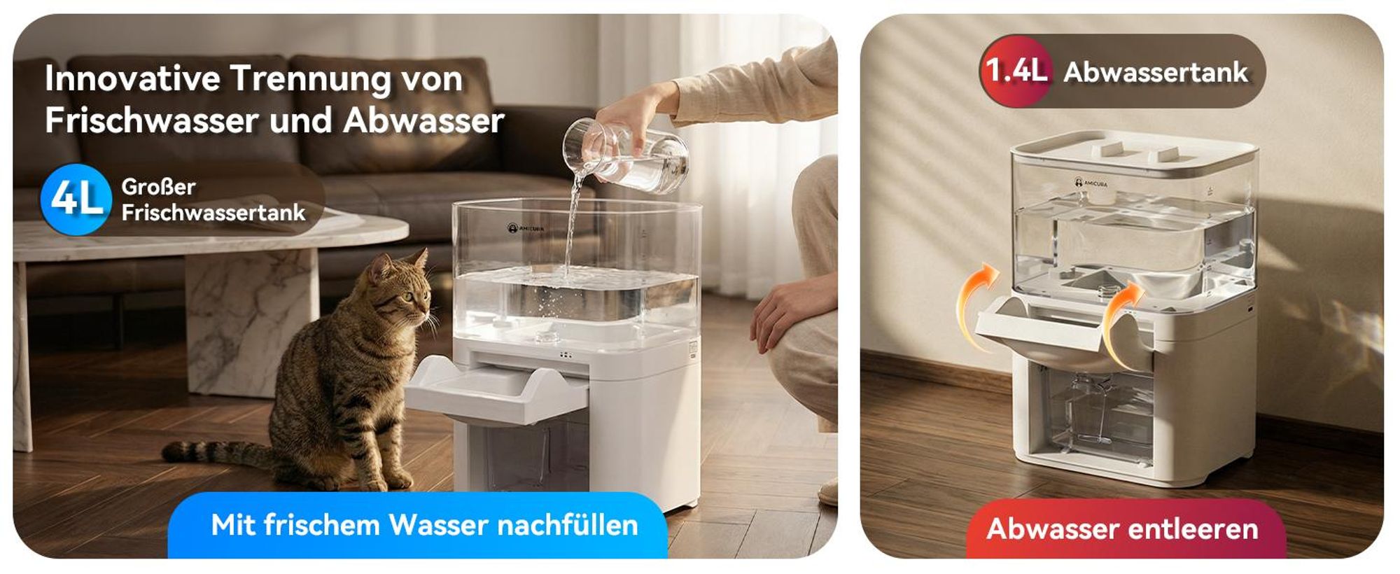 Kabelloser 5-in-1-Wasserbrunnen für Katzen, AMICURA A10, 180 Tage Laufzeit, 10.000 mAh, 2 l großes Fassungsvermögen
