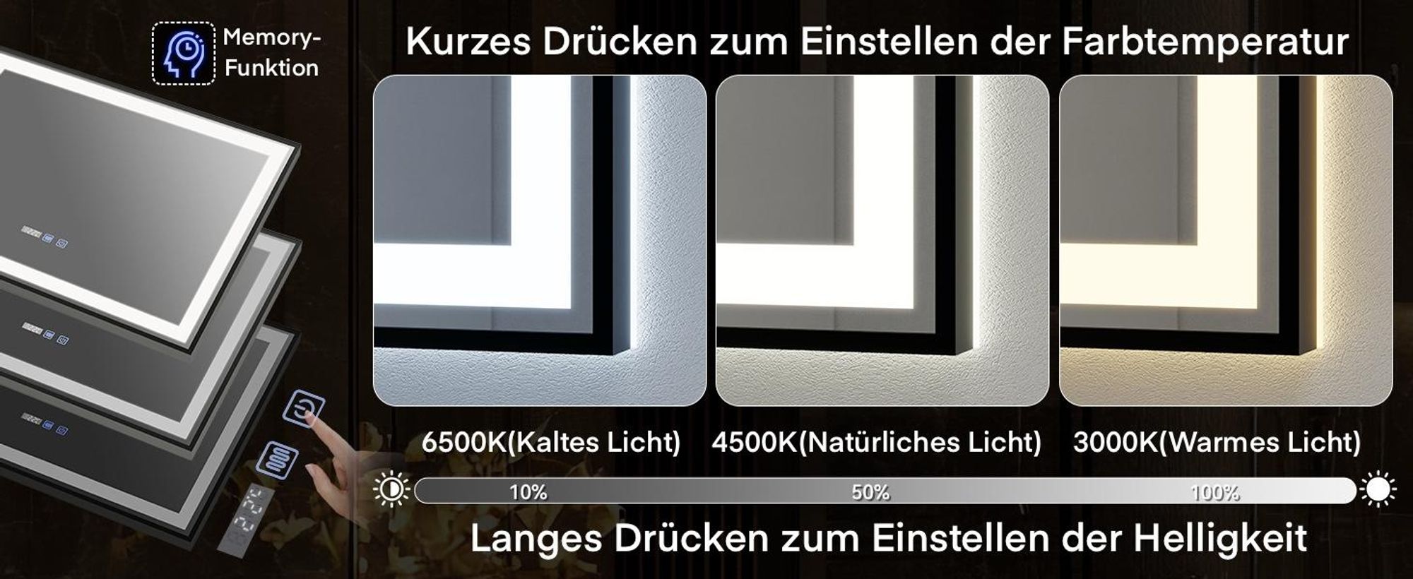 Puluomis Badspiegel 70x50 beschlagfrei mit 3 Farbe Beleuchtung, dimmbare Helligkeit, Badezimmerspiegel mit Digitaluhr, Temperatur schwarz