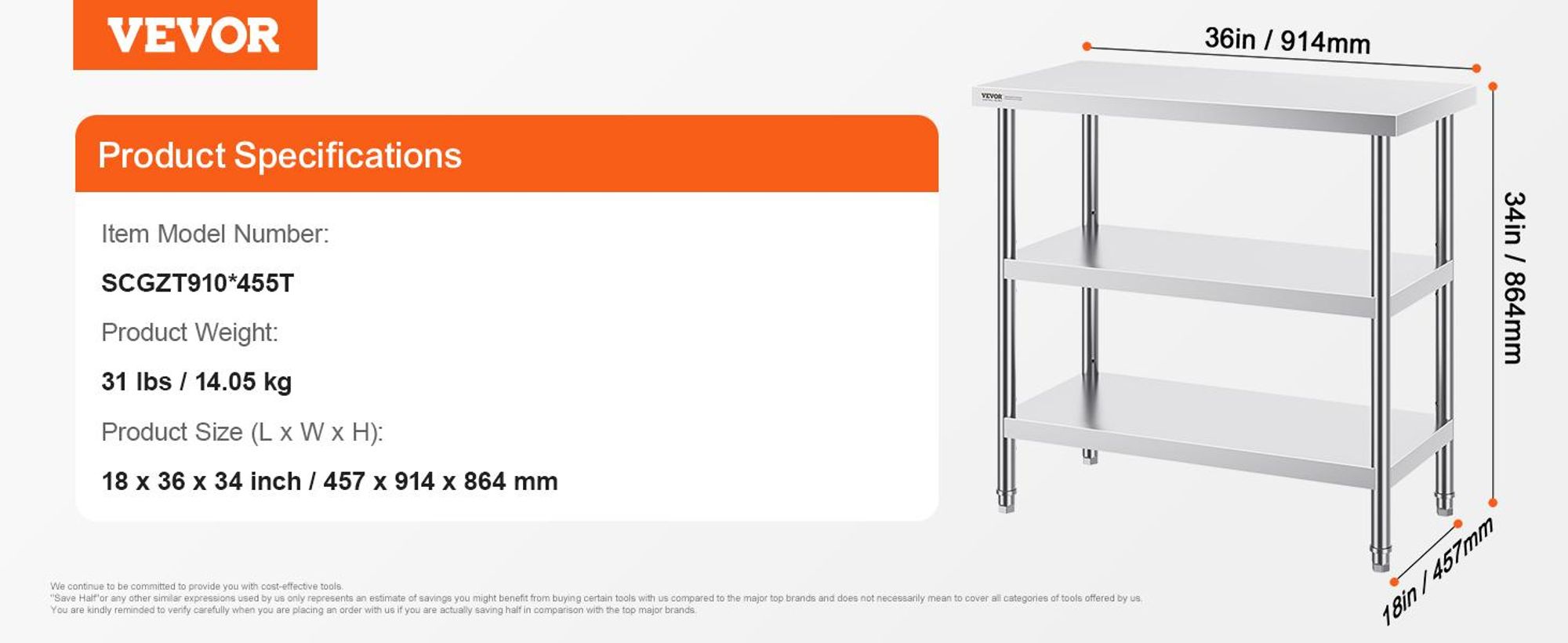 VEVOR Edelstahl Vorbereitungs Tisch, 24 x 24 x 34 Zoll, Schwerlast Metall Arbeitstisch mit 3 verstellbaren Höhenstufen, Gewerbliche Arbeitsstation für Küche Garage Restaurant Garten, 457x914x864 mm