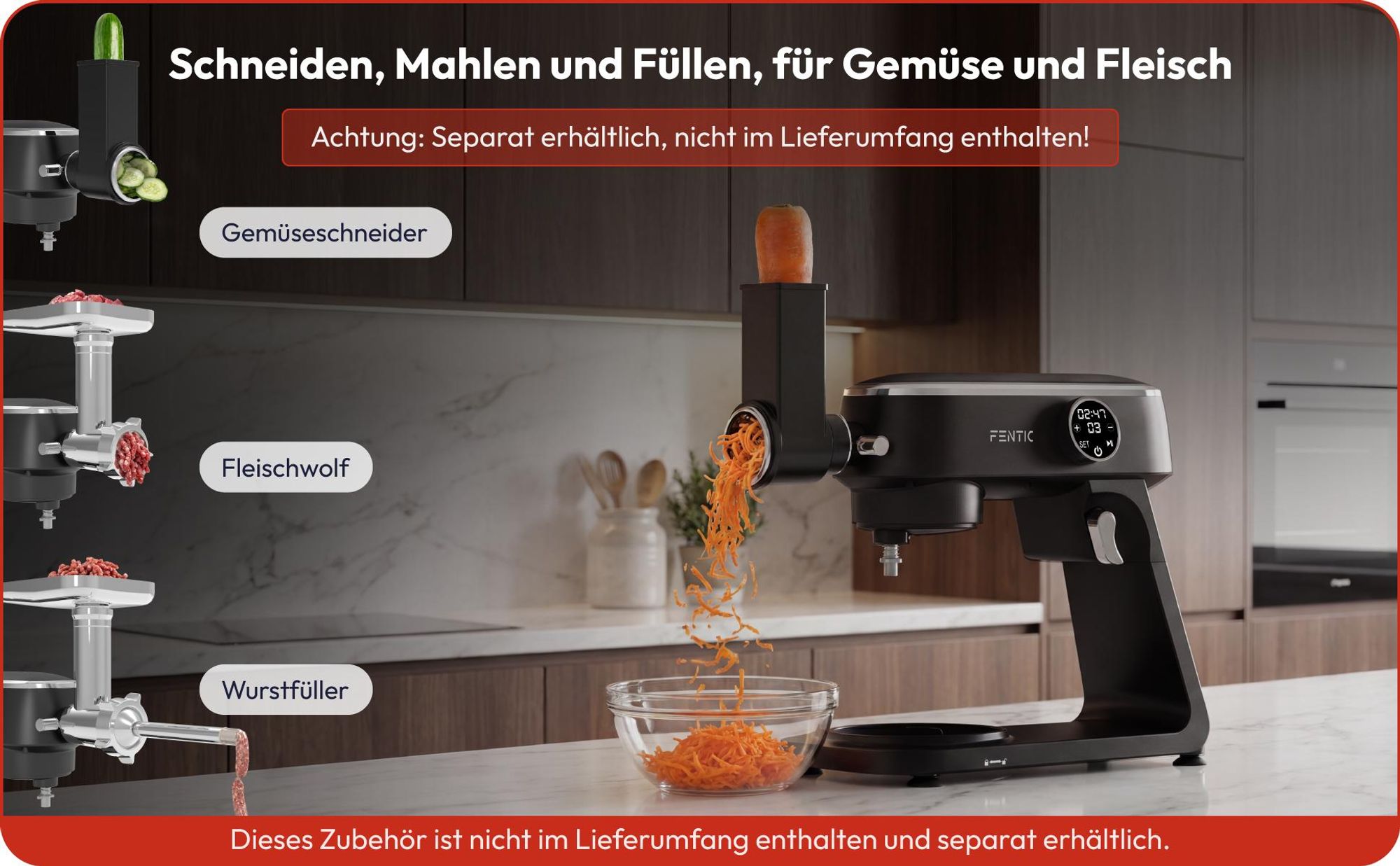 Fentic Küchenmaschine 1800W, 7L Edelstahl-Rührschüssel, Knetmaschine für Brotteig & Pizzateig, Planetenrührwerk, 10 Stufen Timer & Spritzschutz