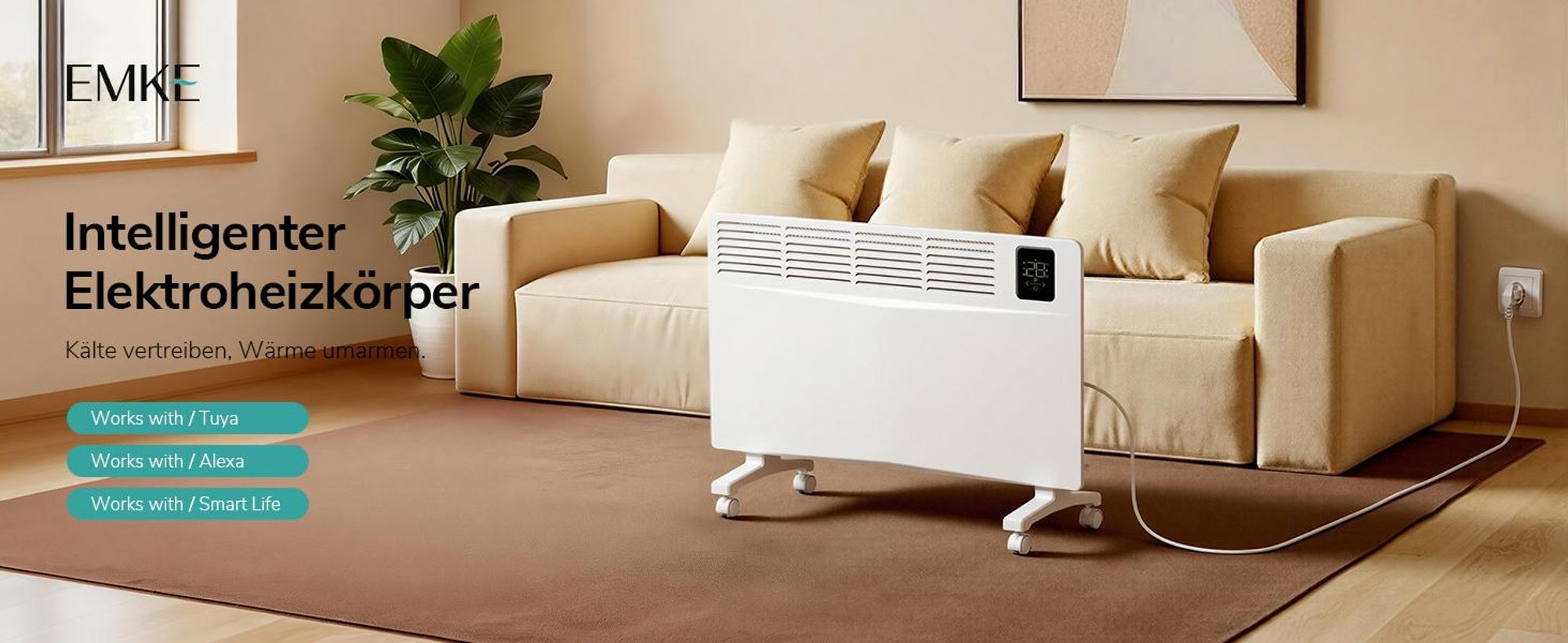 EMKE Konvektor Heizung 2000W mit WiFi & App, Elektroheizkörper Energiesparend, Wandheizung & Standgerät mit Rollen, 24/7 Timer, Weiß