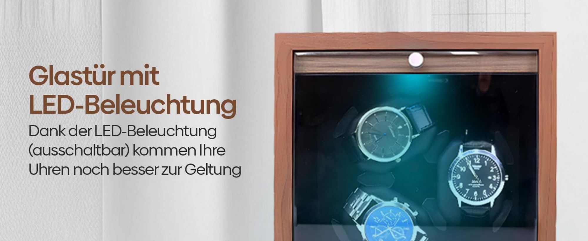 Olvy Uhrenbeweger für 3 Uhren, LED-Beleuchtung, Watchwinder Box Holz, Extrem Leiser Mabuchi Motor, Flexiblem Uhrenkissen, Watch Winder
