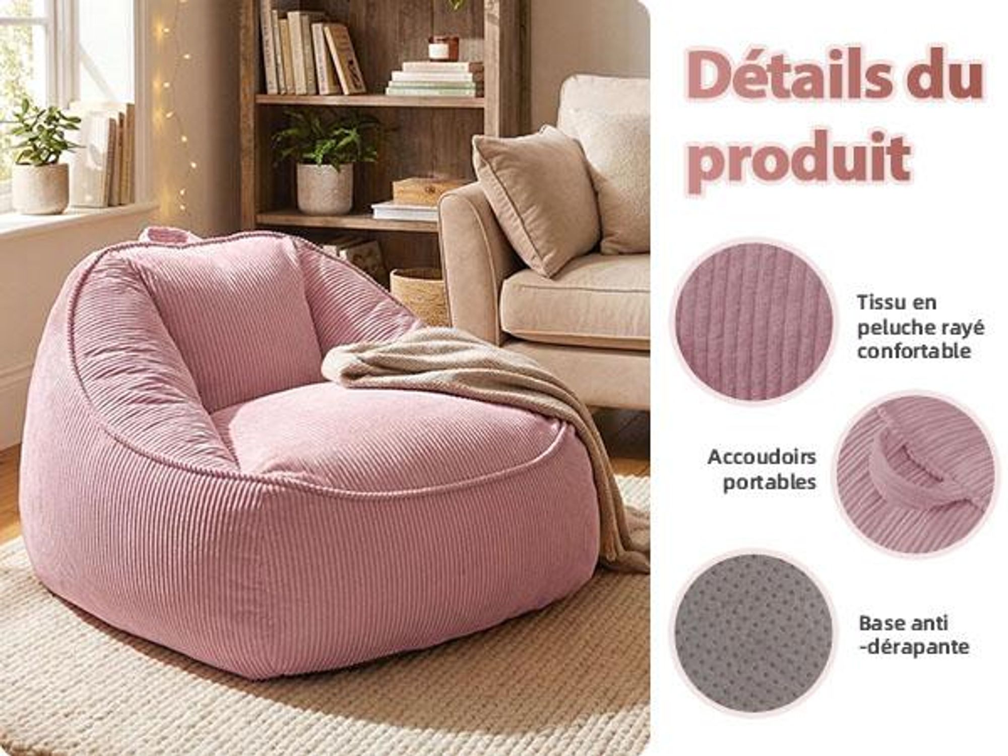 Pouf géant adulte, rembourrage en mousse, canapé de sol moelleux, forme poire, rose