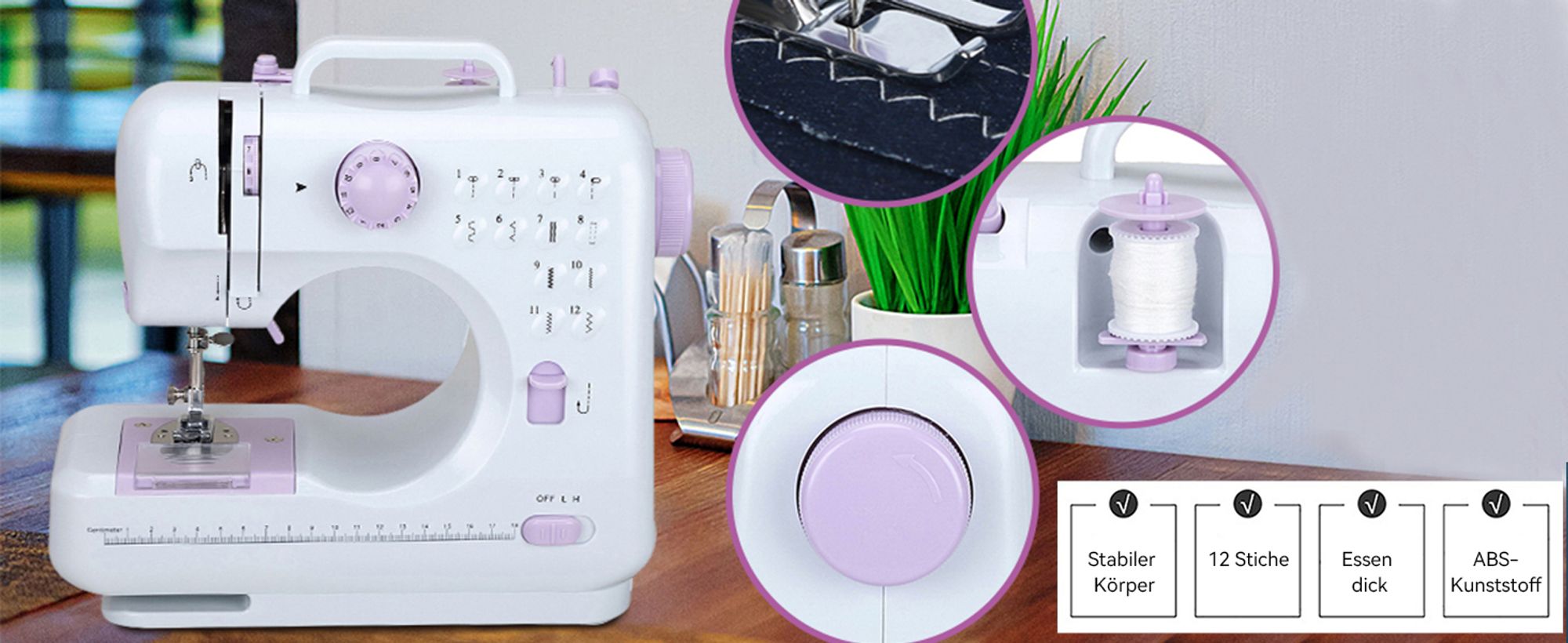 Nähmaschine, Handnähmaschine, Nähen Maschine, Strickmaschine, mit 2 Schalter und 12 Programme, Haushalt, mit 12 integrierten Sticharten, für Anfänger