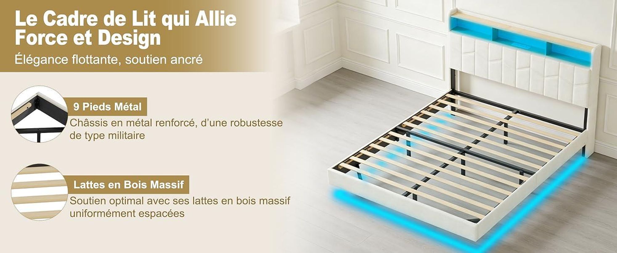 DEWINNER Lit 140x190 avec Sommier | Cadre Flottant | Lit Double avec LED Réglable | Multiprise | Sommier à Lattes | Lin Blanc | Idéal pour Chambre Mod