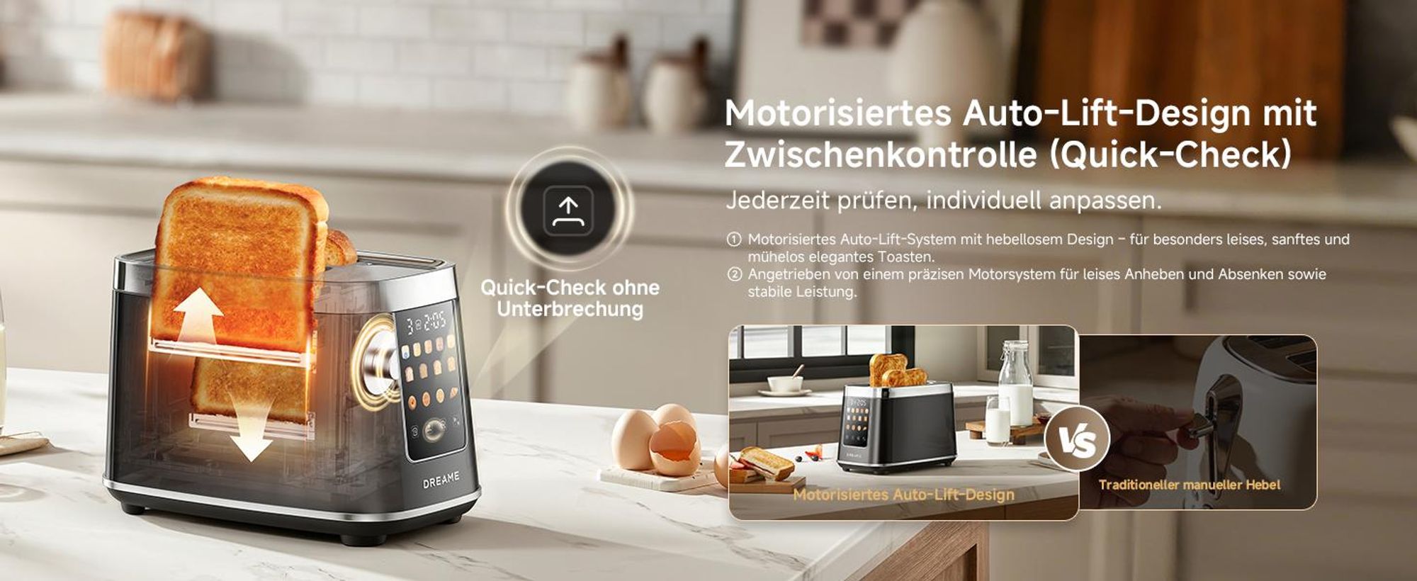 Dreame Smart Toaster 2 Scheiben,5,3-Zoll-IMD-Touchscreen,Motorisiertes Auto-Lift-Design,8 Brotprogramme&6 Bräunungsstufen,3 praktische Funktionen