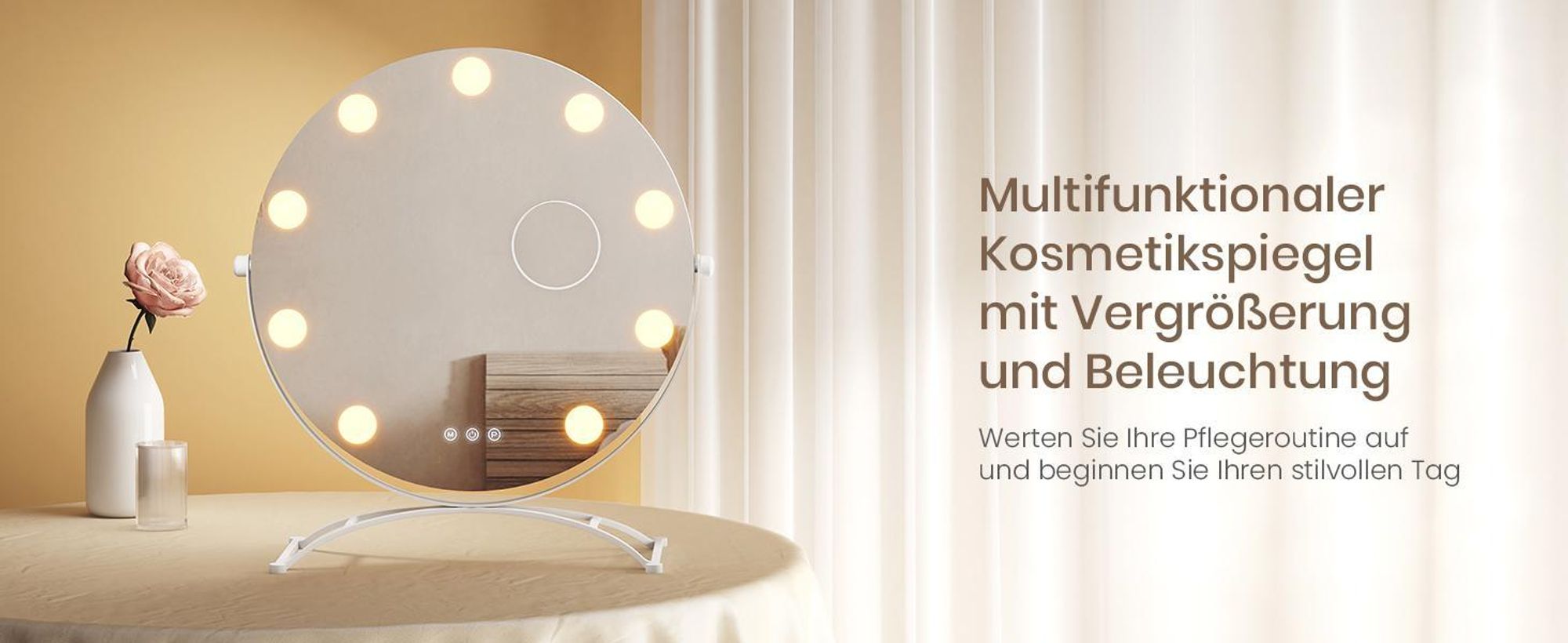EMKE Kosmetikspiegel Hollywood 47X40cm Rund Schminkspiegel mit LED Beleuchtung und Vergrößerung 7x, 3 Lichtfarben Dimmbar, Weiß