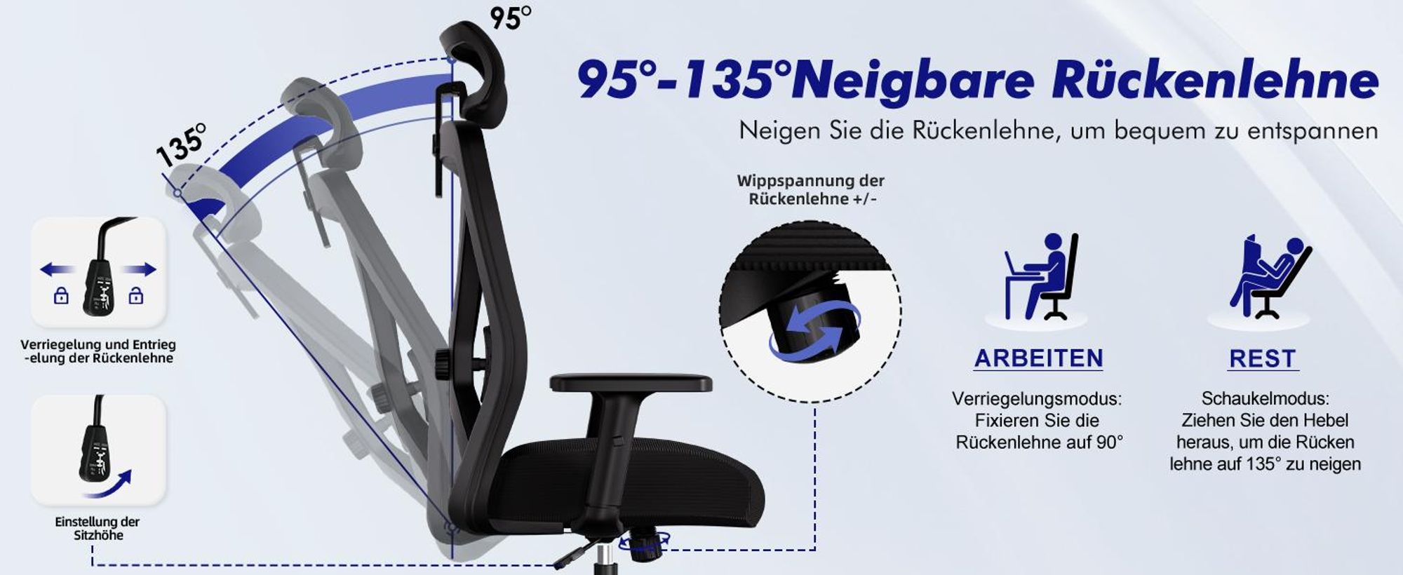 Aiibot Bürostuhl, Bürostuhl Ergonomisch Schreibtischstuhl mit Verstellbaren Armlehnen, weiche Lendenstütze und Kopfstütze, Chefsessel Drehstuhl 200 kg