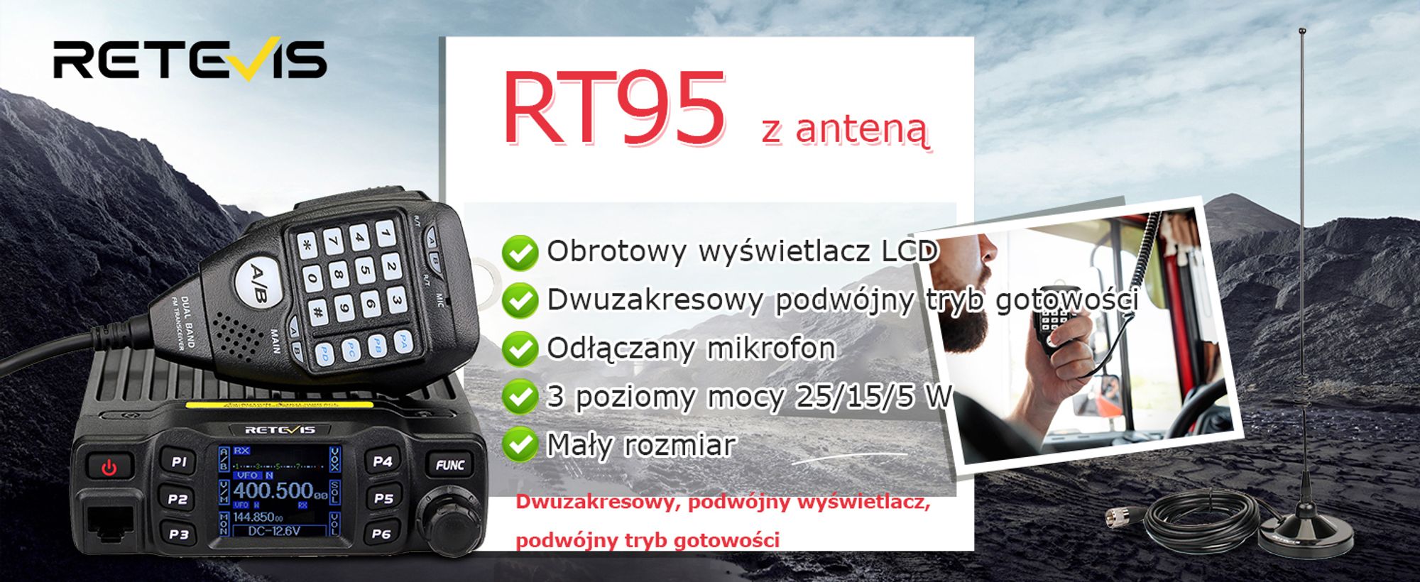 Retevis RT95 amatorski radiotelefon z dwuzakresową anteną, mini mobilny radiotelefon z obrotowym podwójnym wyświetlaczem LCD, 200 kanałów, mobilna antena samochodowa SL16/PL259