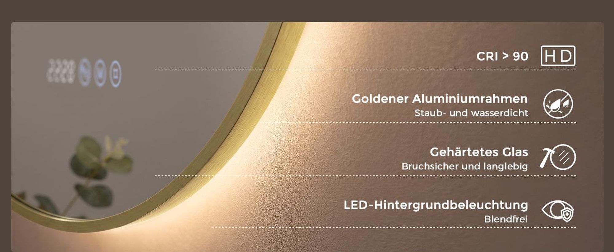 S'AFIELINA LED Badezimmerspiegel Rund Ø70 cm, Goldener Rahmen, 3 Lichtfarben, stufenlos dimmbar, Antibeschlag, Uhr & Temperaturanzeige, Memory