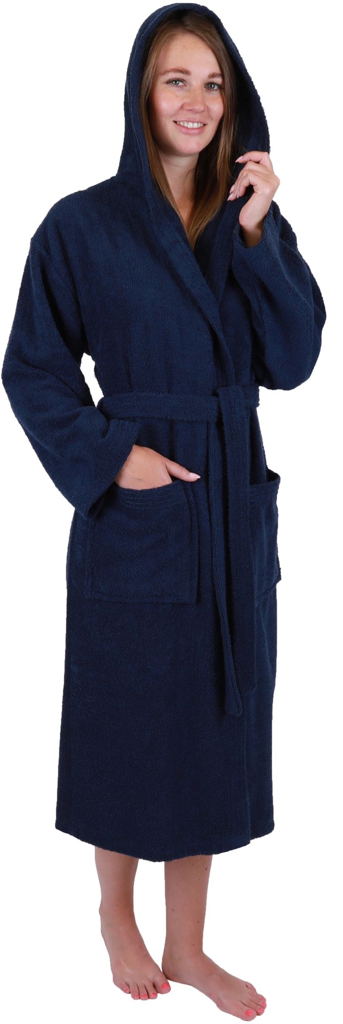Betz Bademantel mit Kapuze FULDA Größe  S/M Farbe dunkelblau Baumwolle für Herren und Damen Saunabademantel  langer Bademantel  Saunamantel