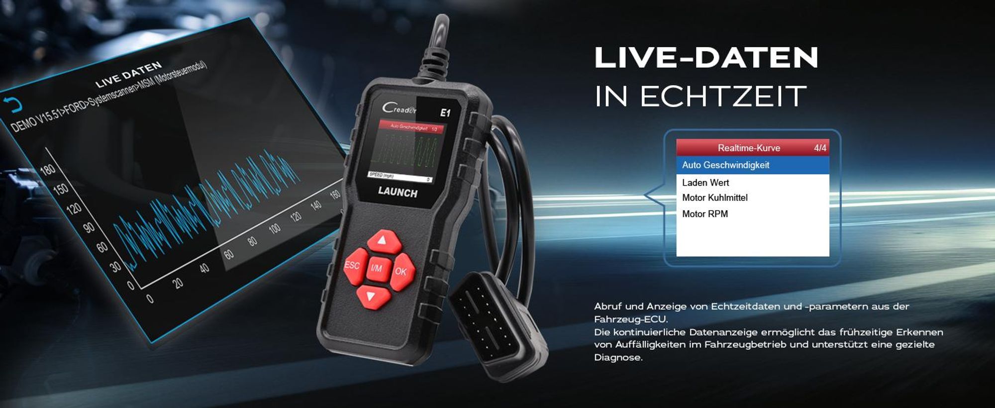 LAUNCH Creader E1 OBD2 Diagnosegerät Auto,Fehlerauslesegerät für Motor & Abgas,liest & löscht Fehlercodes, zeigt Live-Daten & I/M-Bereitschaft