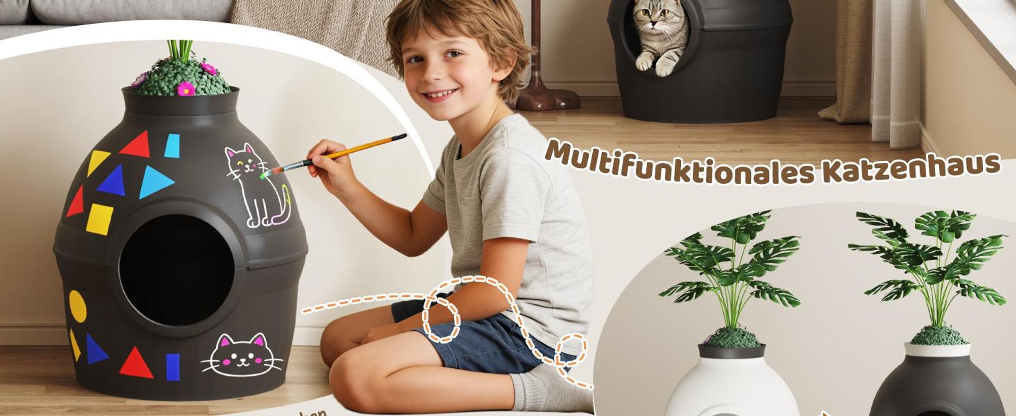 Mondeer 2-in-1 Katzentoilette & Schlafhöhle mit Deko-Pflanze, individuell gestaltbar, belüftet – inkl. Katzenangel und Schaufel Schwarz
