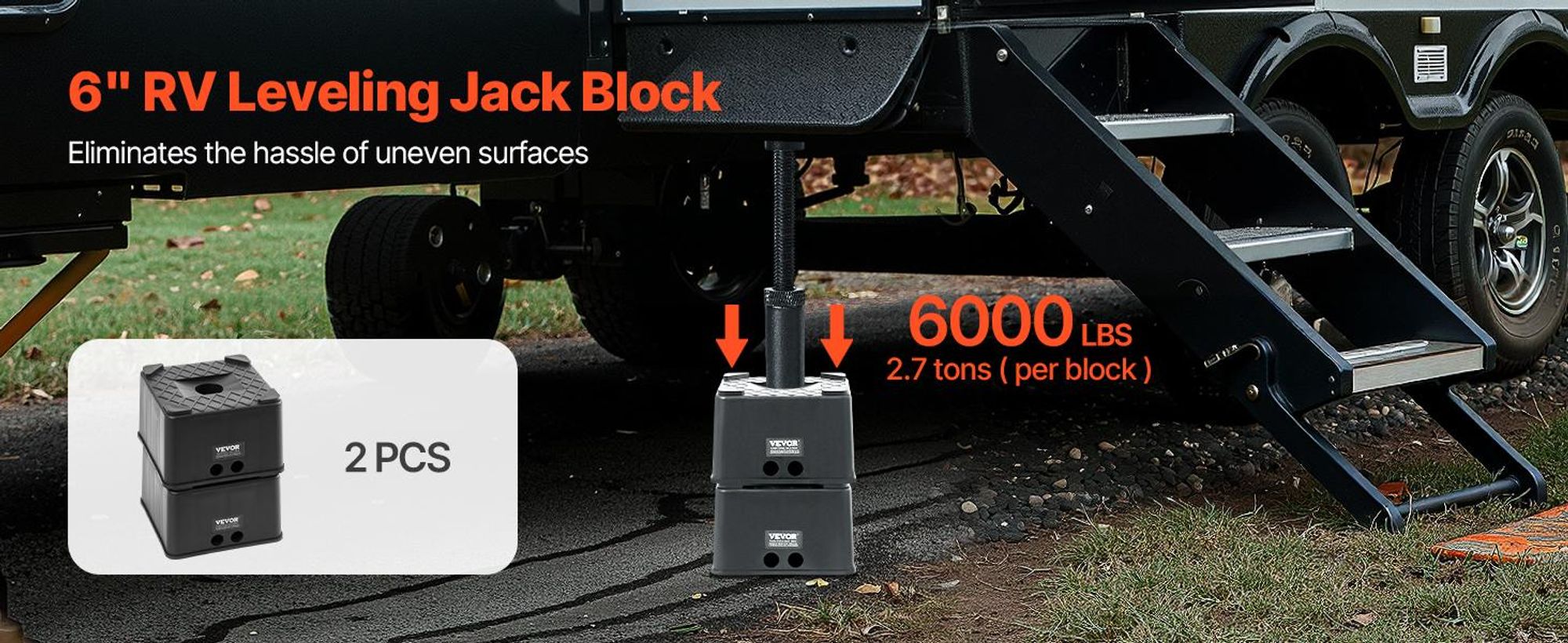 VEVOR Anhängerheberblöcke, 6" hohe schwere RV-Nivellierblöcke, jeweils mit 6000 lbs Tragfähigkeit, als RV-Heberständer, Hocker, Wohnmobilzubehör, für Reisemobile, 5. Räder Klasse A/C Wohnmobile, 2 Stück, Quadratischer Block, 6 Zoll