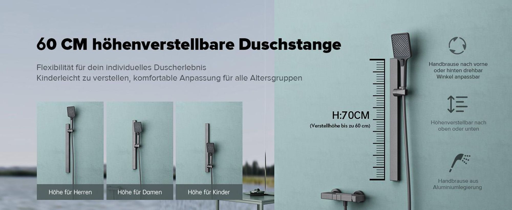 doporro Duschsystem mit Duscharmatur Duschgarnitur mit Regendusche und 3 Strahlarten Duschkopf Dusche komplett Höhenverstellbar Grau Arvexa-02