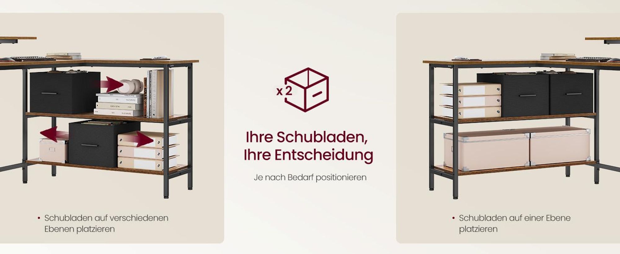 VASAGLE Eckcomputertisch mit Monitorständer, L-förmiger Arbeitstisch, 2 Schubladen, höhenverstellbar, 155 x 105 cm, braun