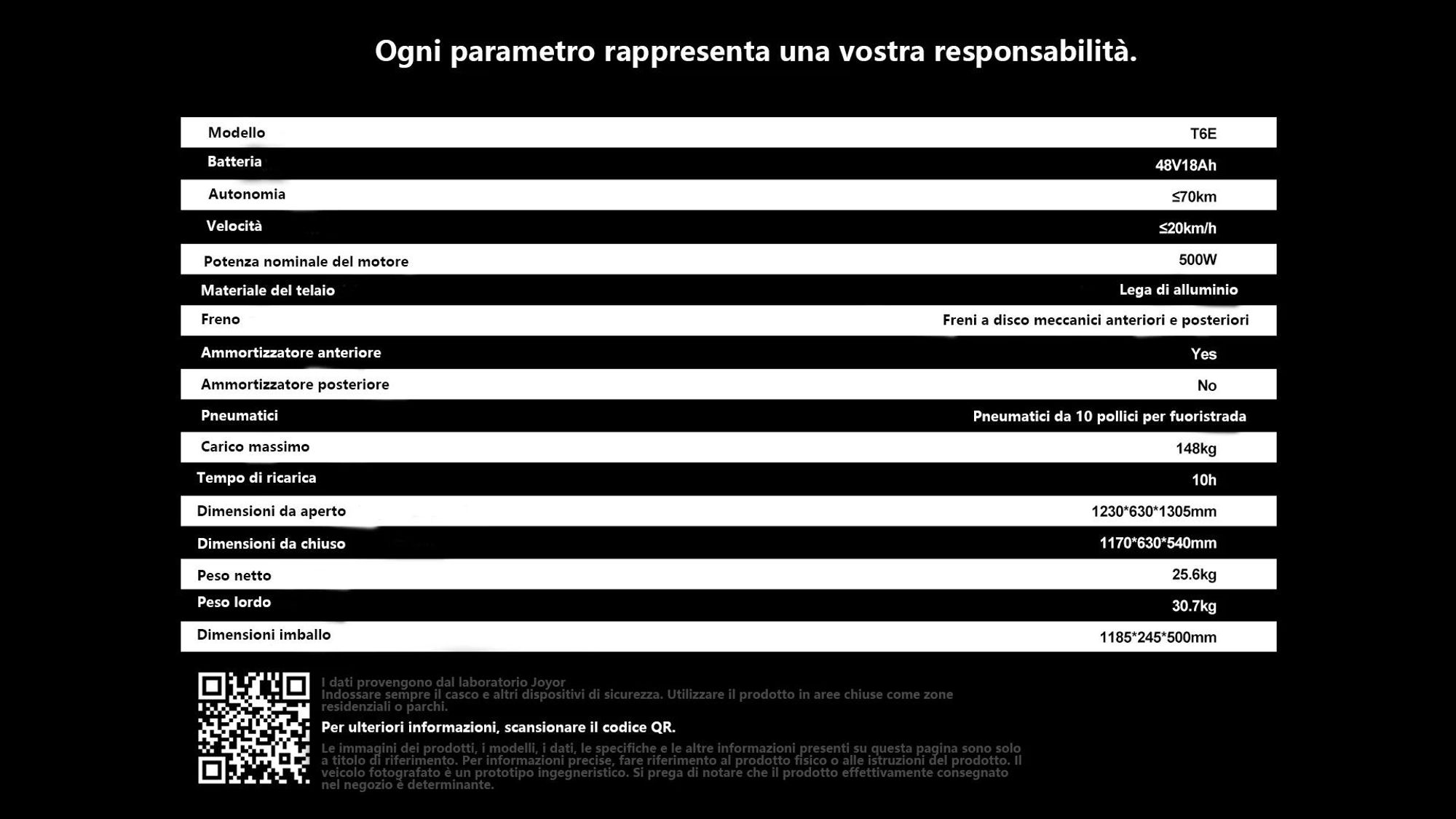 JOYOR T6E Scooter Elettrico Pieghevole  ABE - Motore 500W Batteria 48V18AH Pneumatici Off-Road 10" - Nero
