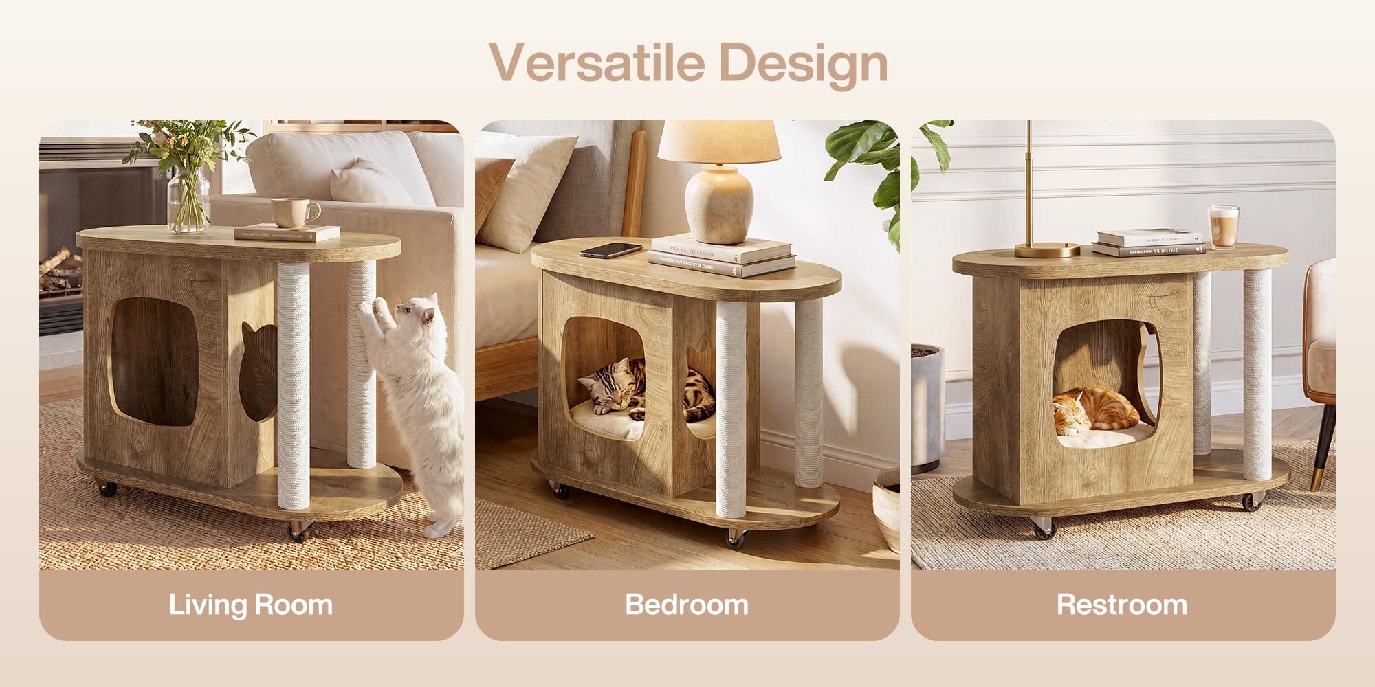 Beistelltisch mit Kratzbaum und Katzenbett, Katzenhaus mit 360° drehbaren Rollen, multifunktionaler Beistelltisch aus Holz für Wohnungskatzen