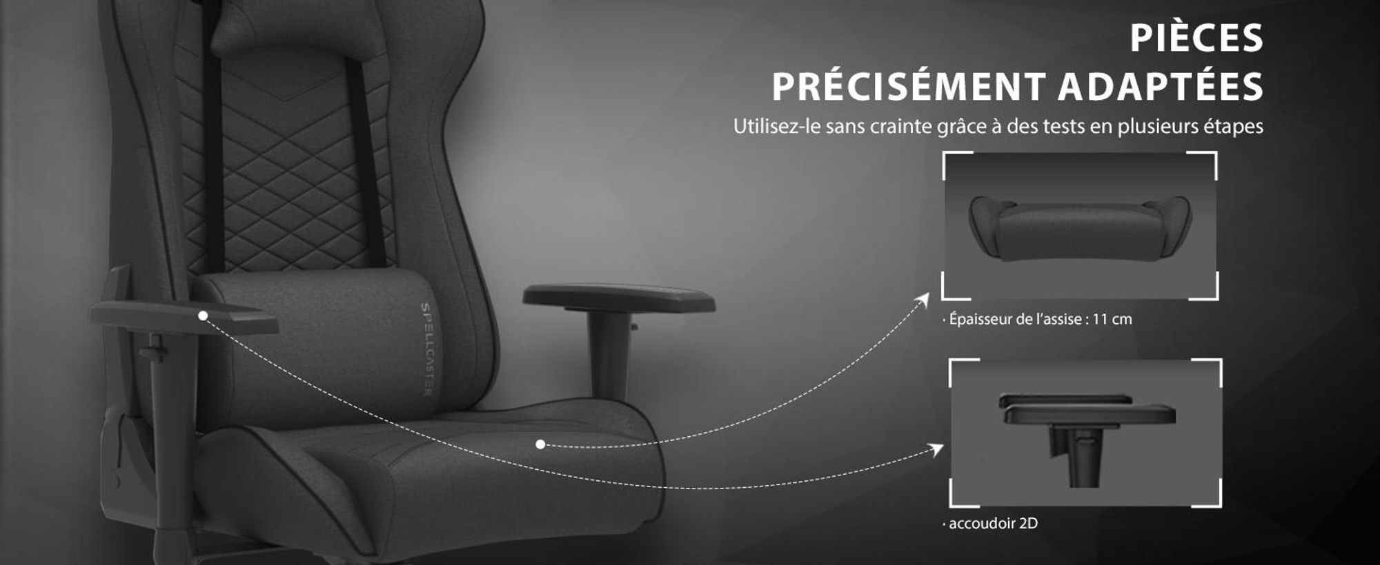 Chaise gaming SENSE7 Spellcaster en tissu noir - Chaise de bureau ergonomique Chaise de bureau PC Fauteuil gaming 150 kg Accoudoirs 2D Inclinaison 160°