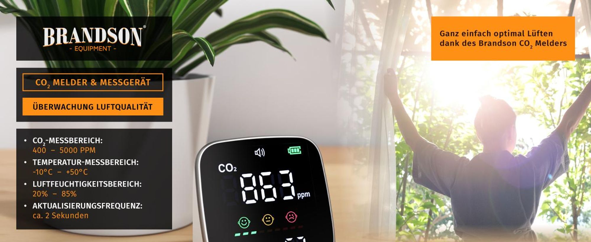 Brandson CO2 Messgerät mit LED Farbdisplay, Messbereiche für CO2, Temperatur und Luftfeuchtigkeit