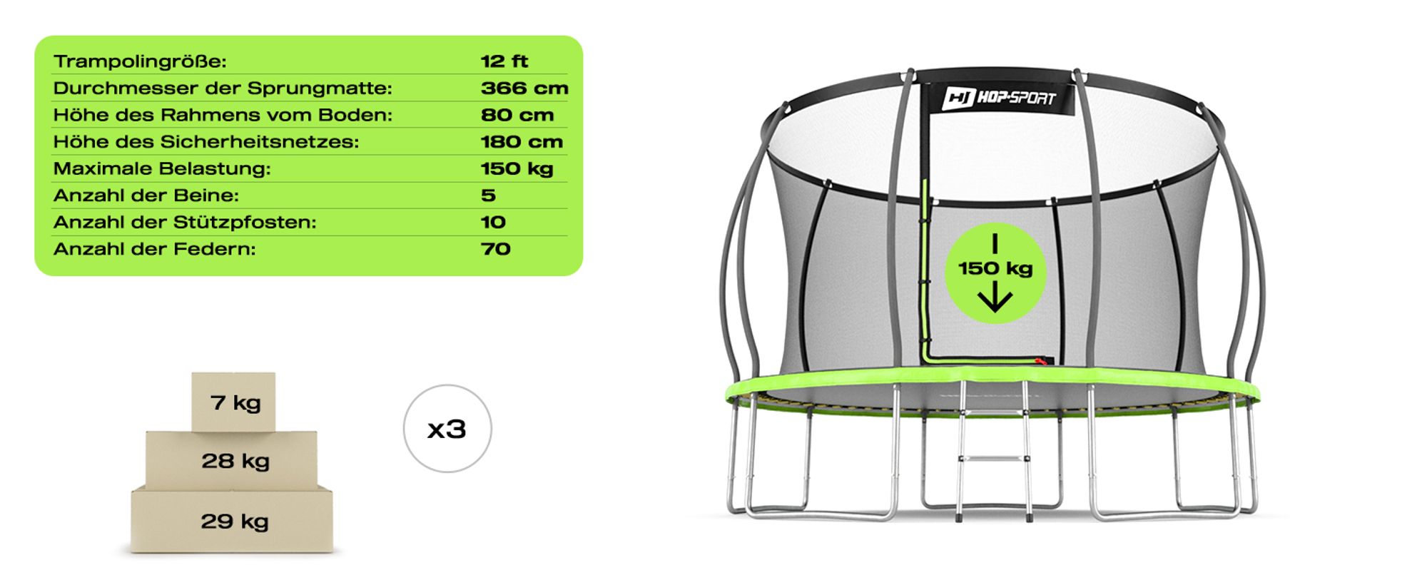 Technische Daten Trampolin Pumpkin mit Innennetz Outdoor Gartentrampolin 366cm 12FT Hop-Sport