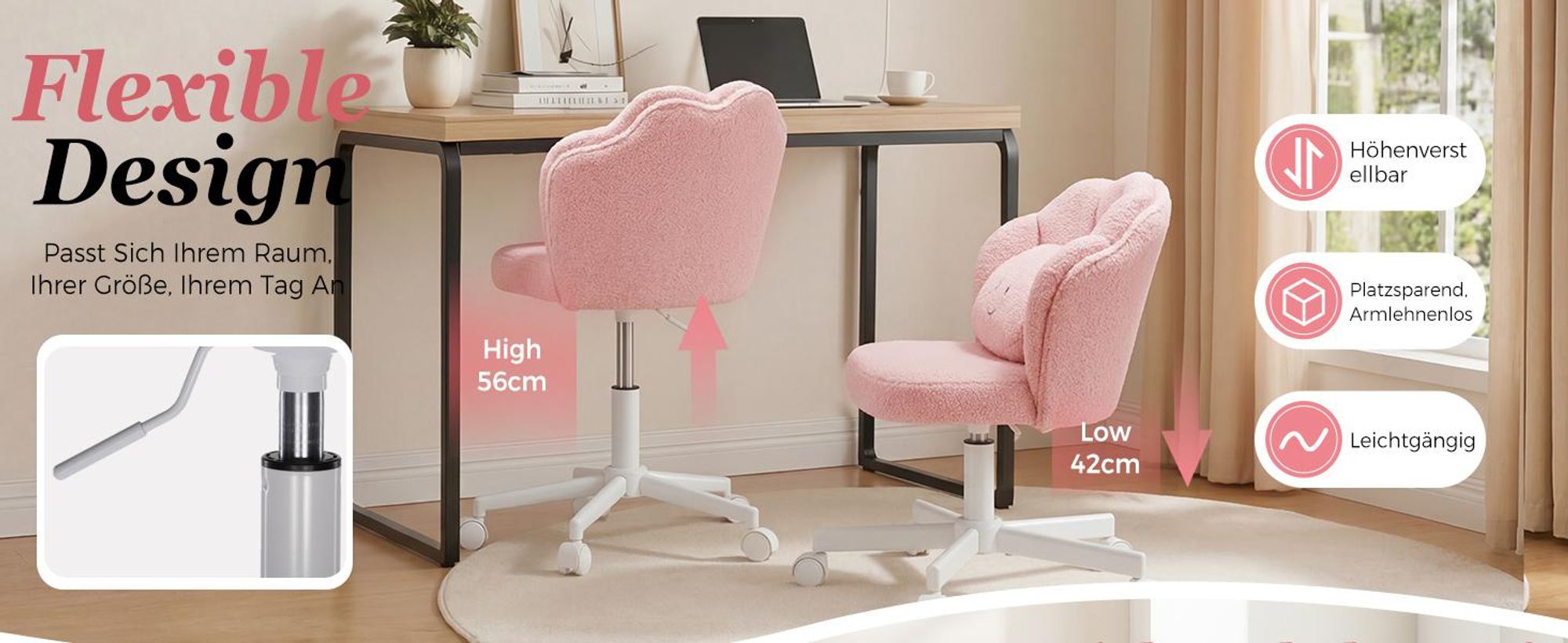 COMHOMA Bürostuhl Schreibtischstuhl, Schminkstuhl mit Rollen Doppelter Rückenlehne und Wolkenkissen, Höhenverstellbarer Drehstuhl, Teddystoff, ROSA