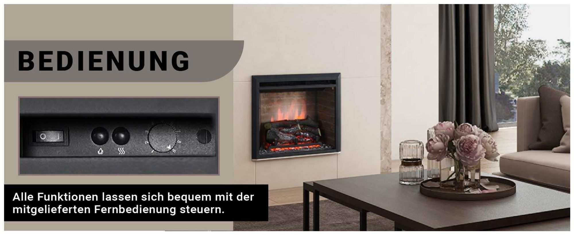 RICHEN EF42C Elektro-Kamin, Wandgerät, 2000 Watt, 2 Heizstufen, Echtfeuereffekt, Thermostat